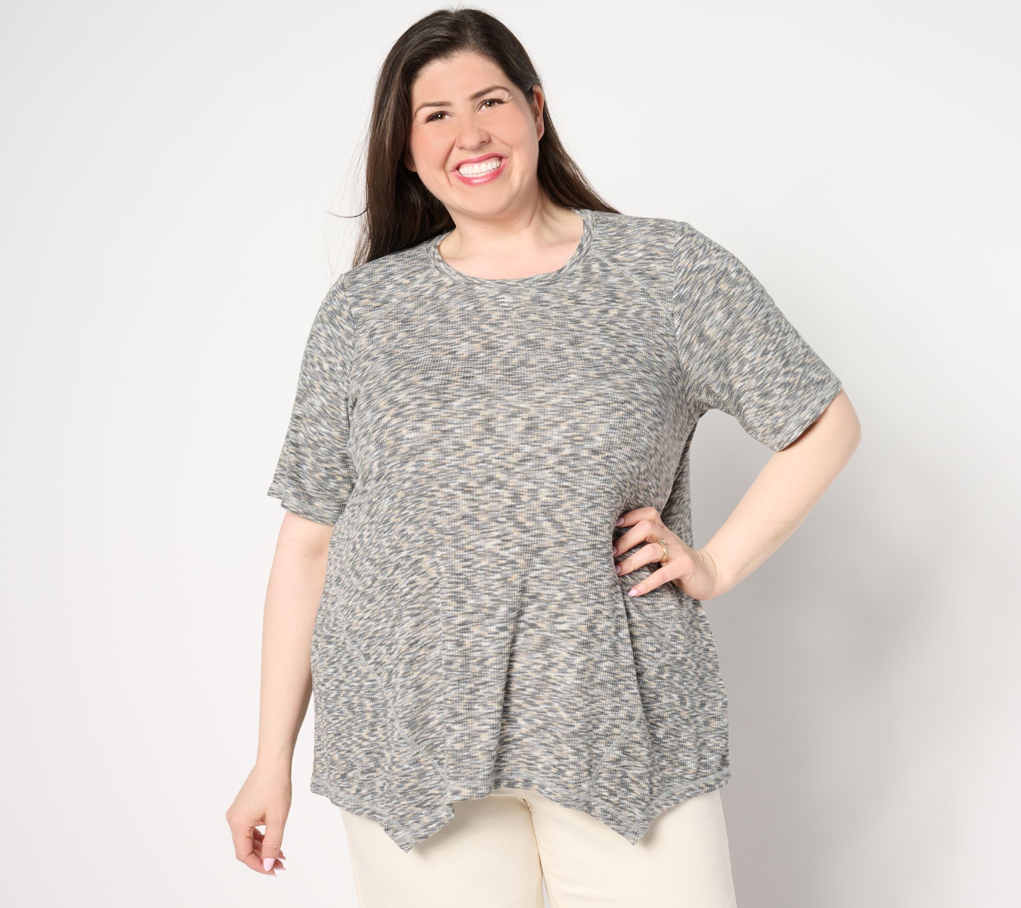 LOGO by Lori Goldstein Elbow Sleeve Heather Knit Top