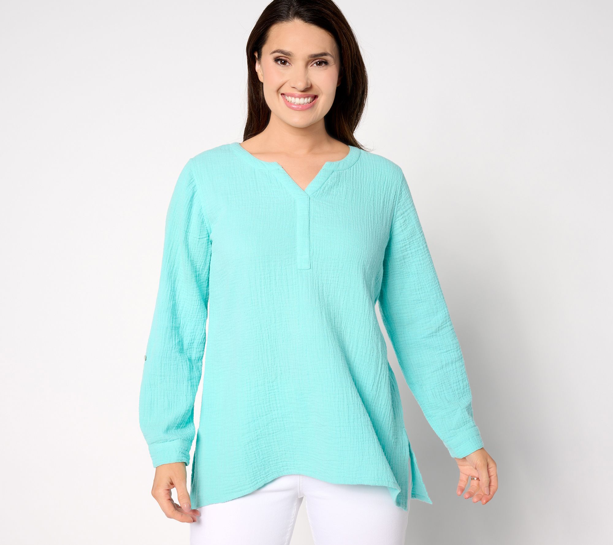 Susan Graver PURE Regular Cotton Gauze Split-Neck Tunic