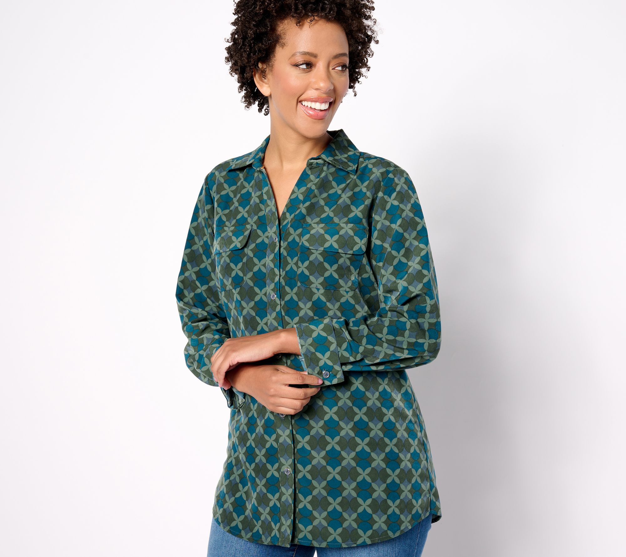 "As Is" Denim & Co. Signature Roll Tab Sleeve Button Front Utility Tunic
