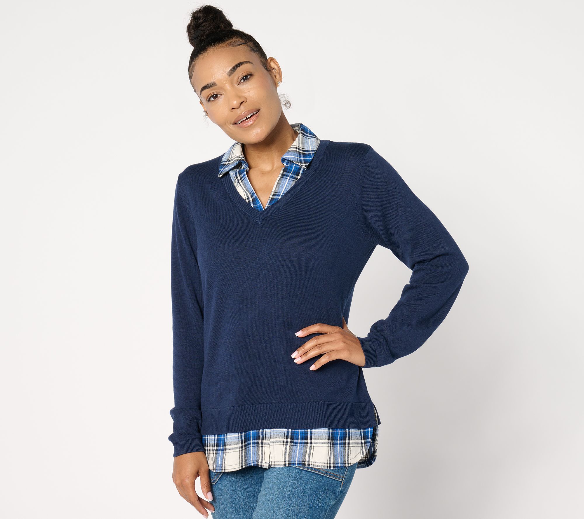Joan Rivers V-Neck Mixed Media 2Fer Sweater w/ Tartan Flannel