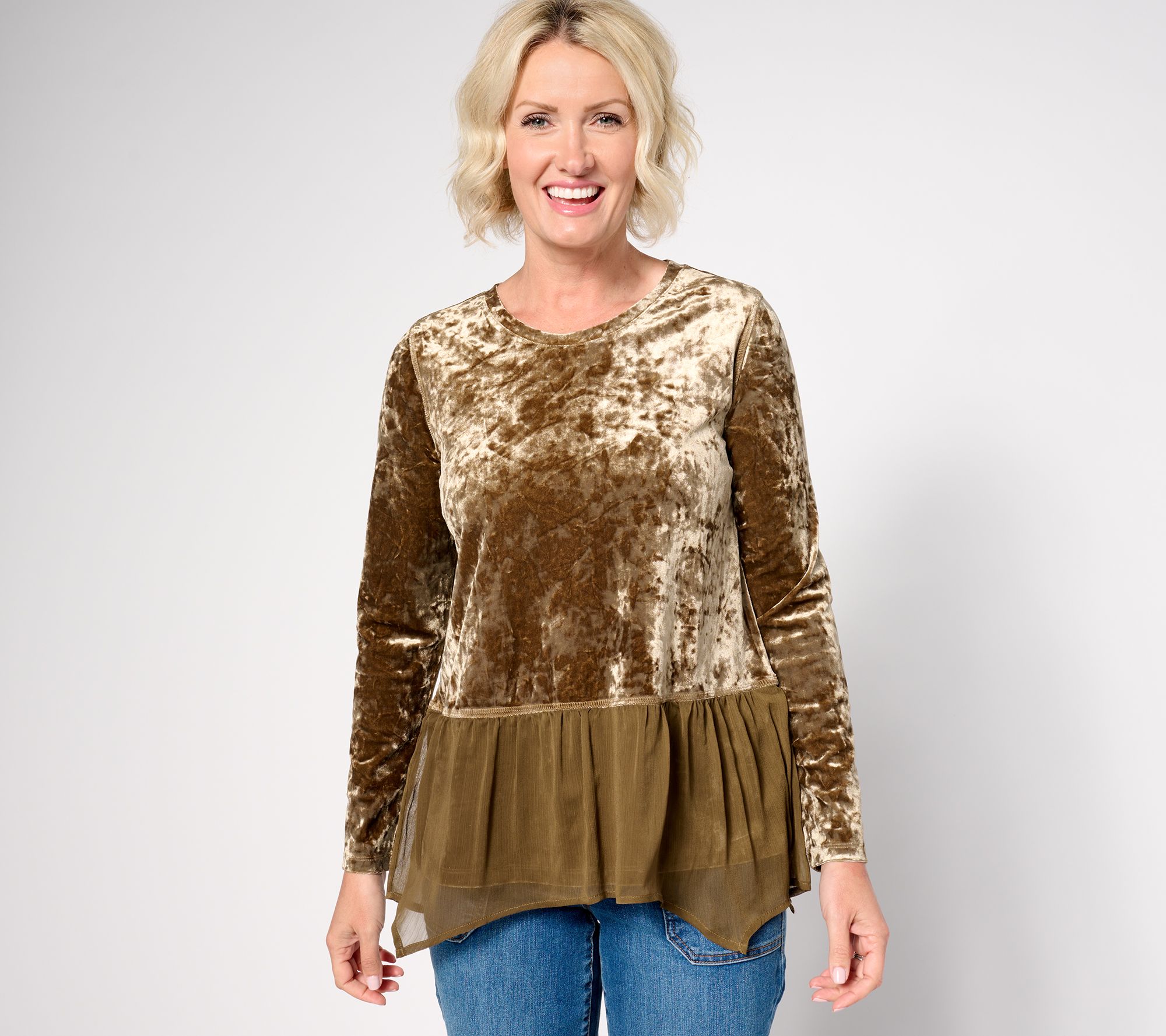 LOGO by Lori Goldstein Crushed Velvet Top w/ Chiffon Hem
