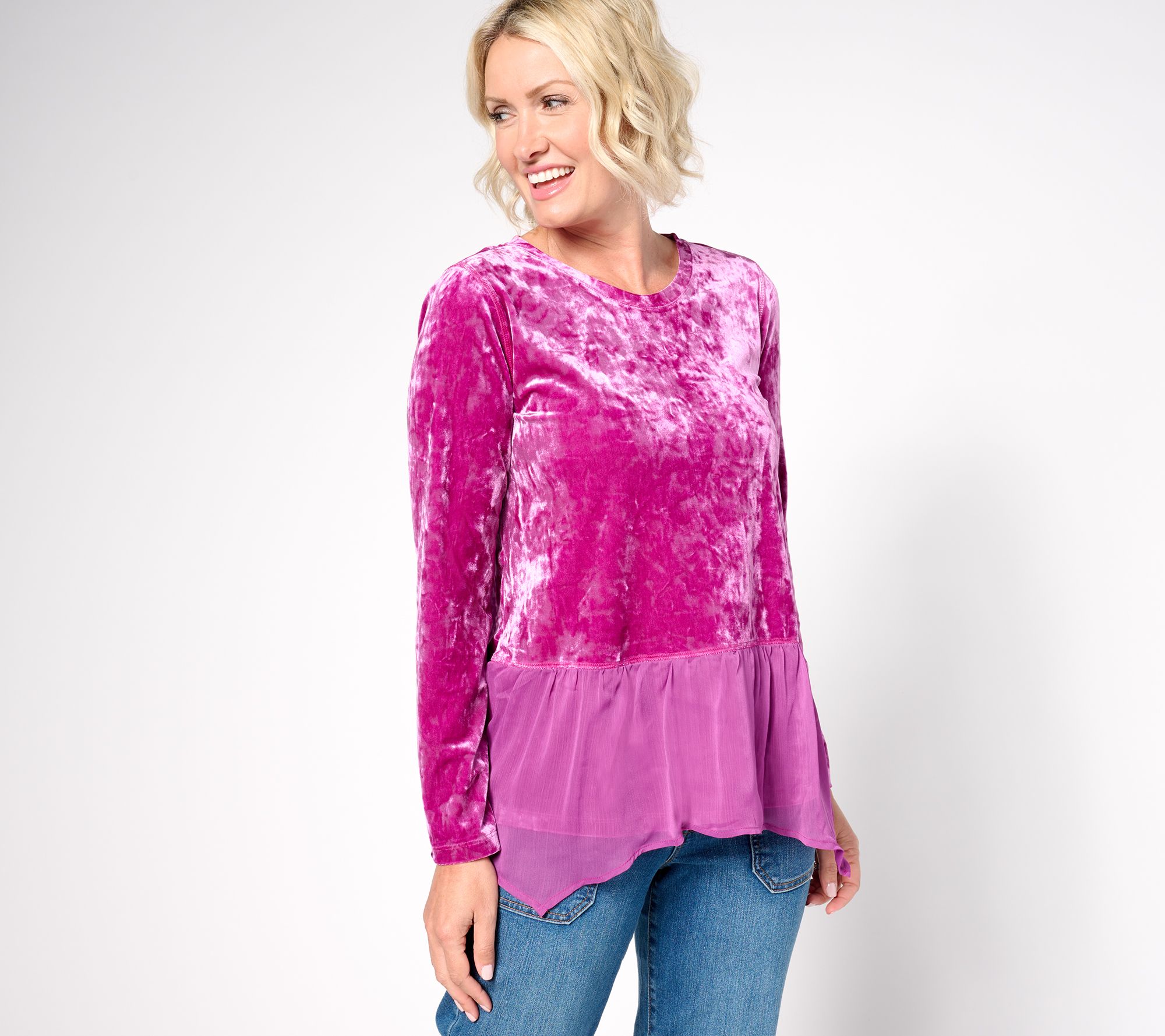 LOGO by Lori Goldstein Crushed Velvet Top w/ Chiffon Hem