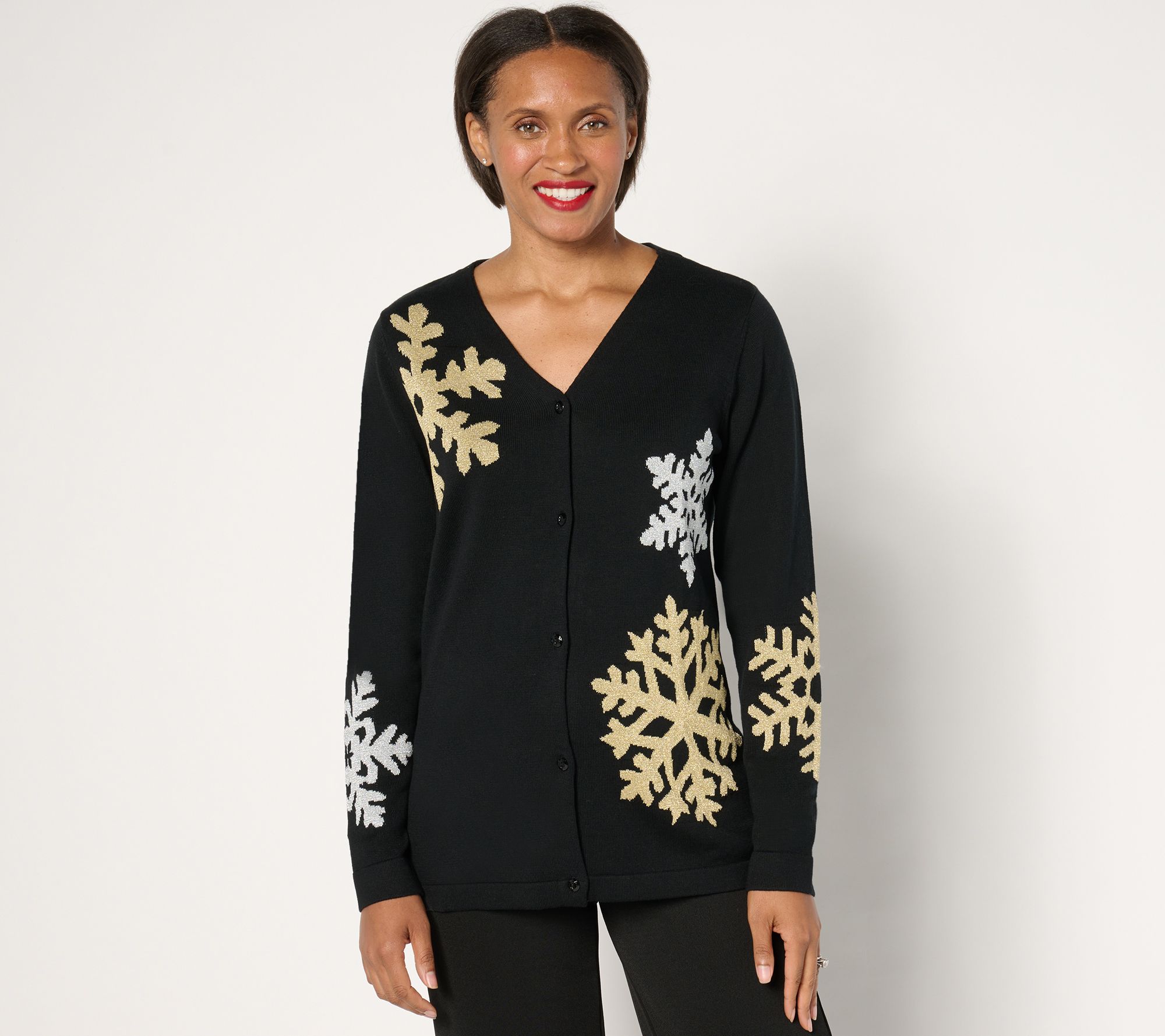 Quacker Factory Snow Day V-Neck Intarsia Sweater Cardigan