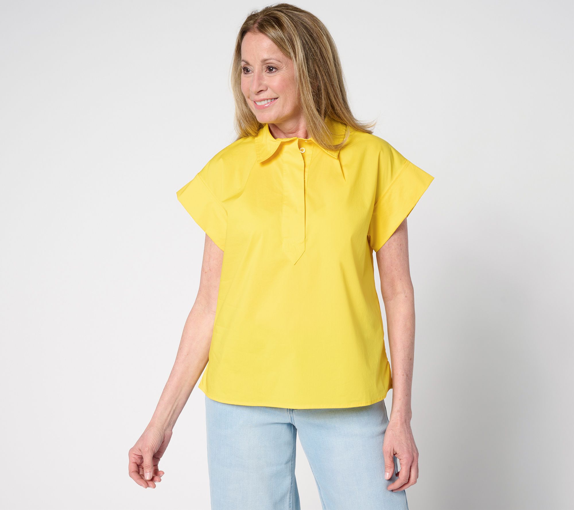 Carla Rockmore Collection Cotton Poplin Short Sleeve Henley Shirt