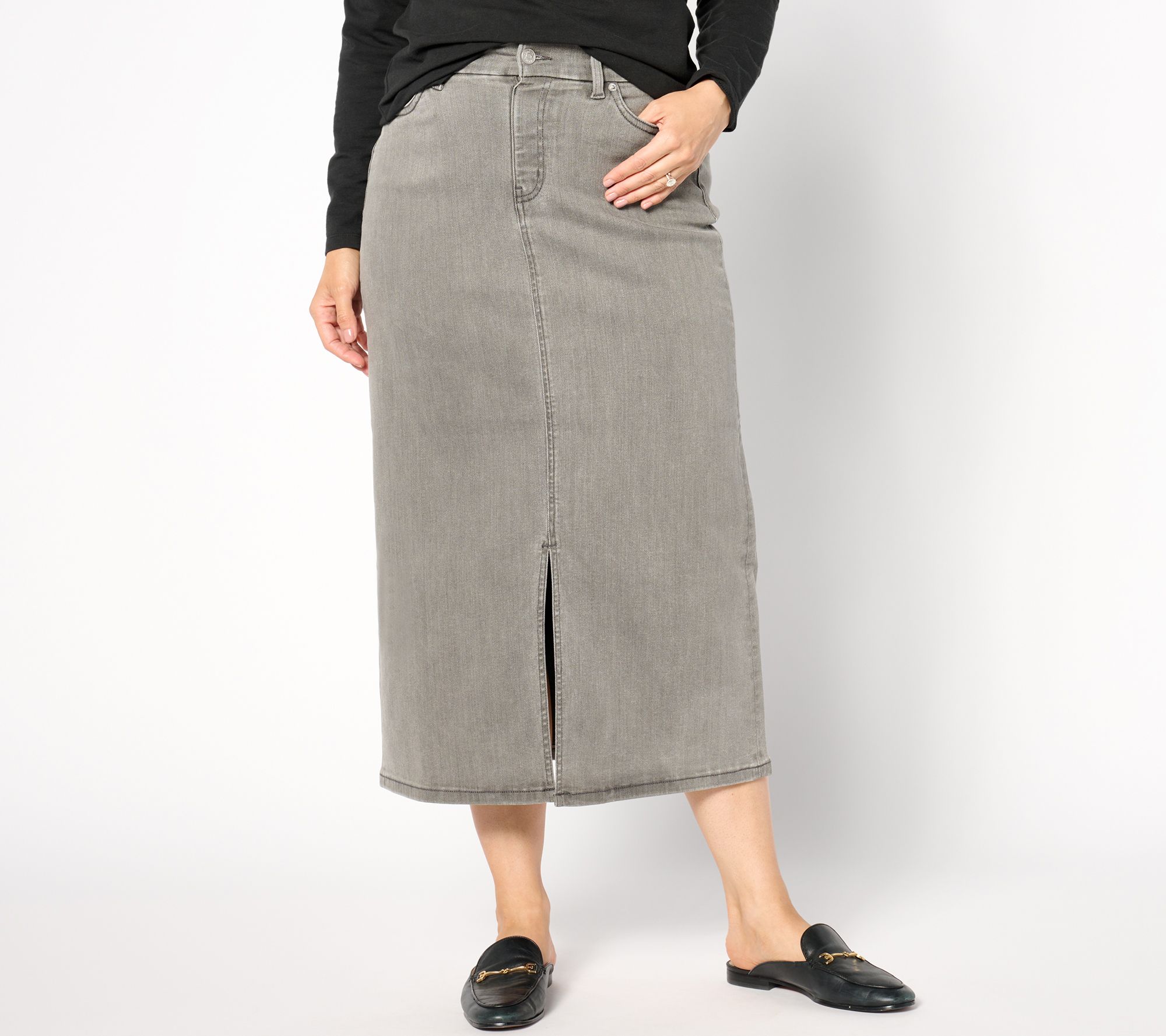"As Is" Denim & Co. Petite Grey Easy Stretch Denim Midi Skirt