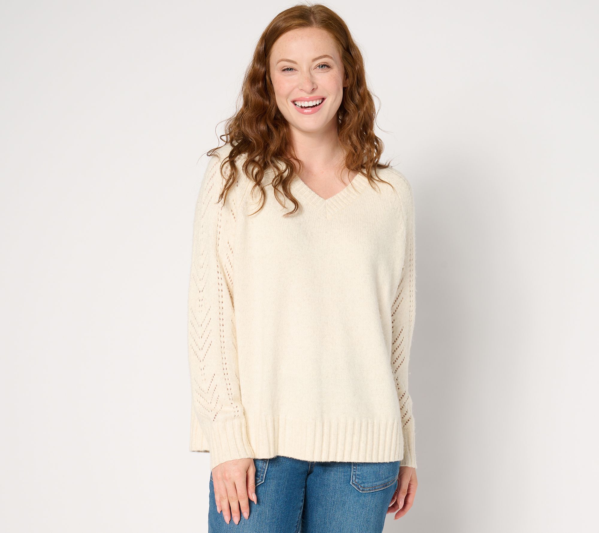 "As Is" Denim & Co. Heritage Raglan V-Neck Sweater with Pointelle