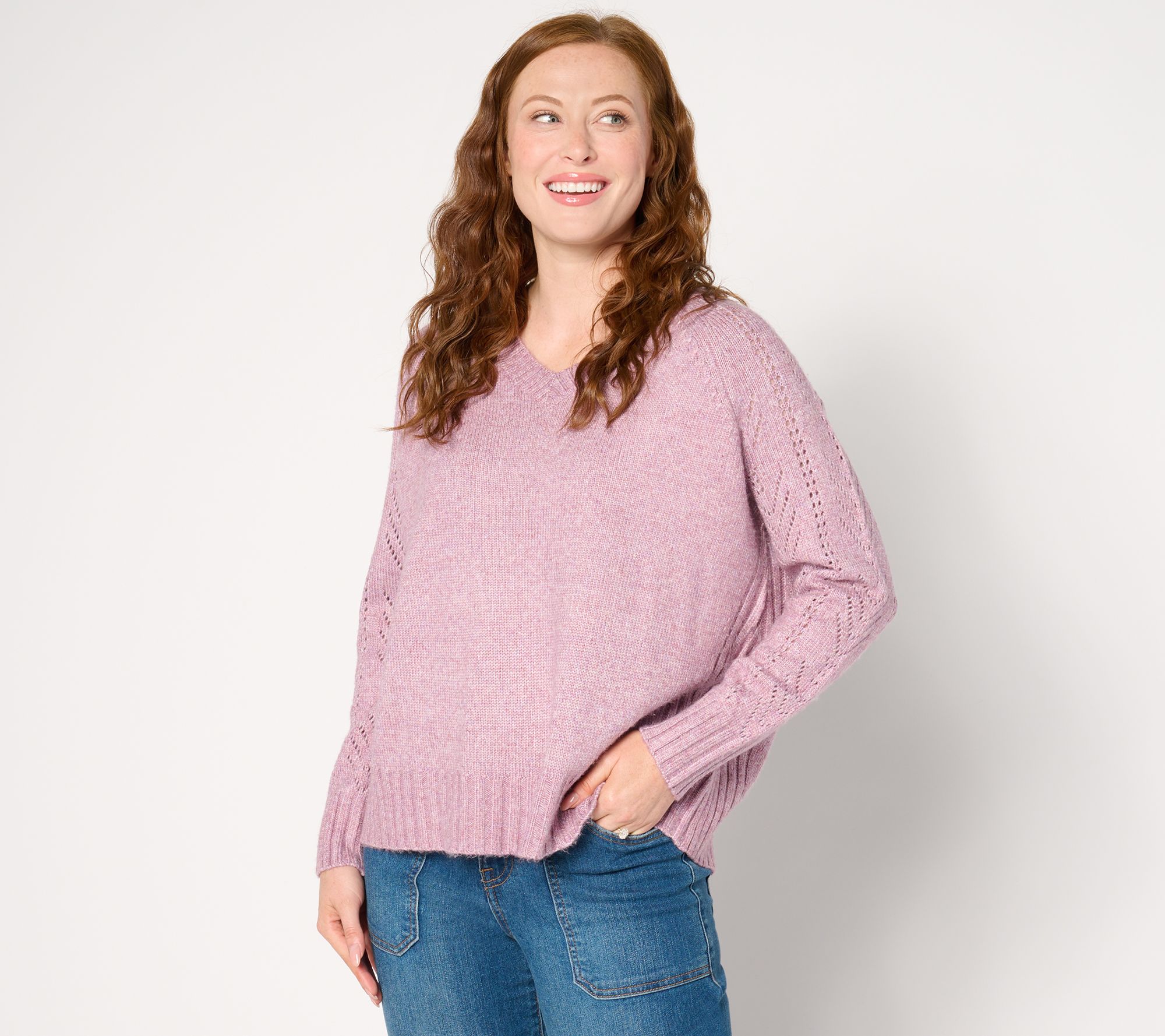 "As Is" Denim & Co. Heritage Raglan V-Neck Sweater with Pointelle