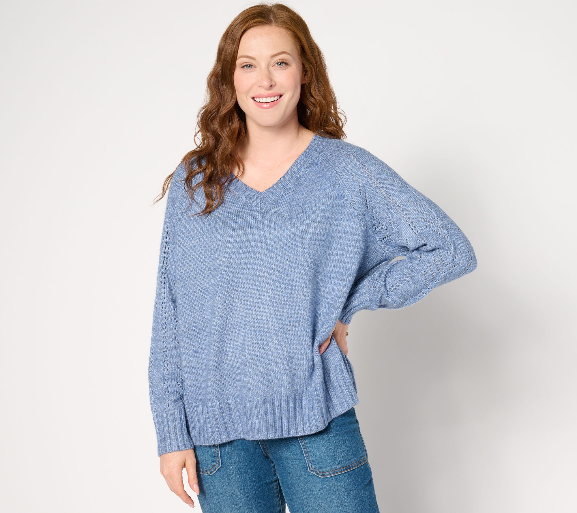 "As Is" Denim & Co. Heritage Raglan V-Neck Sweater with Pointelle