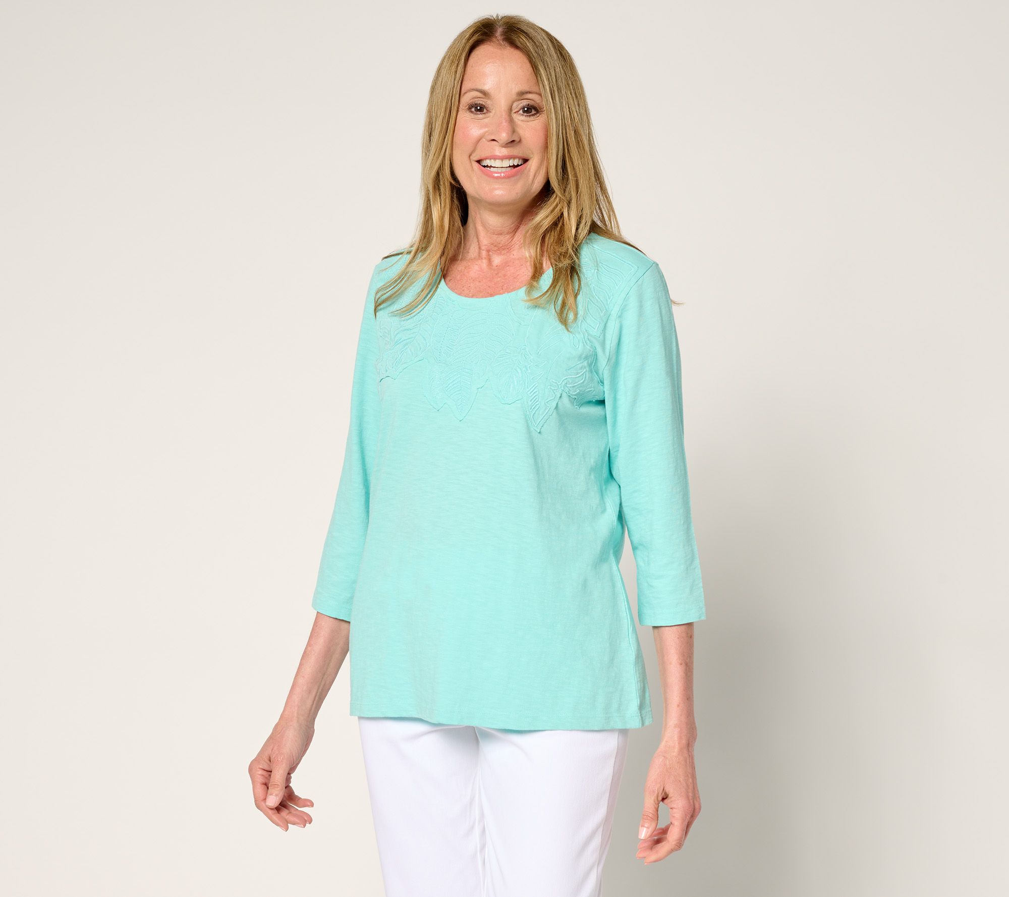 Denim & Co. Petite Embroidered 100% Cotton Jersey Top