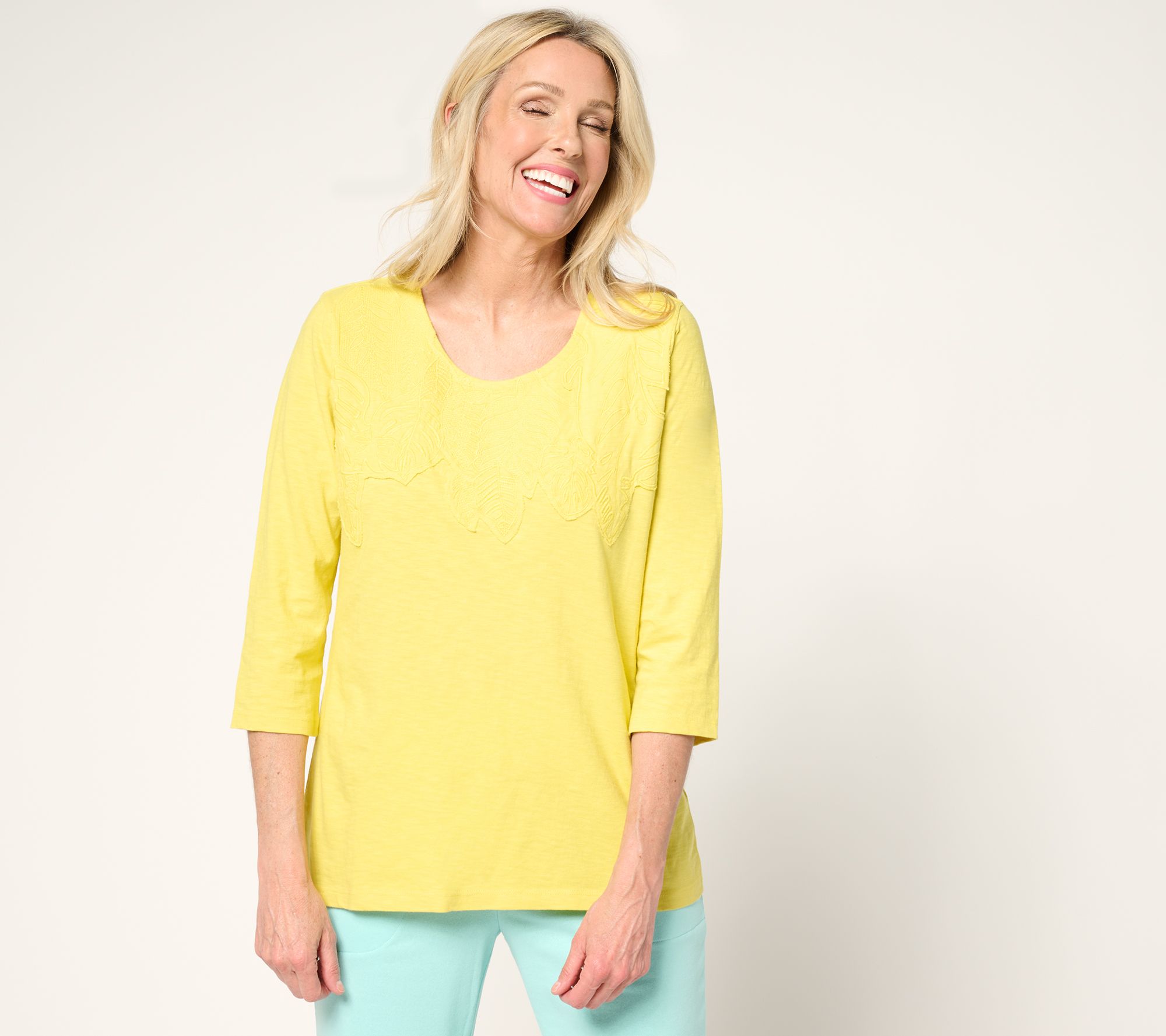 Denim & Co. Petite Embroidered 100% Cotton Jersey Top