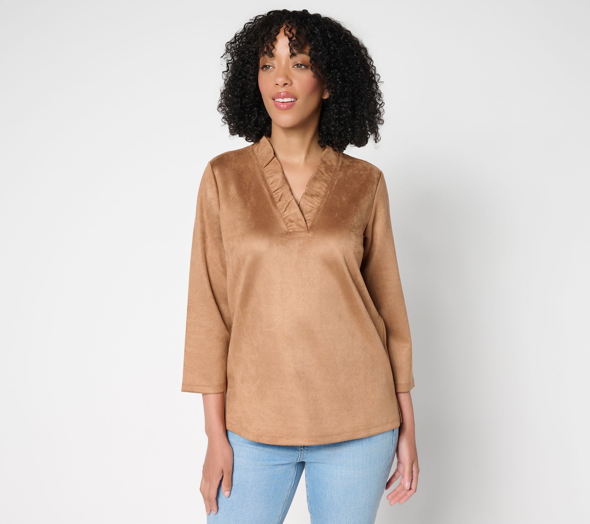 Belle Boho by Kim Gravel PerSuede Me Ruffle Collar V Neck Top