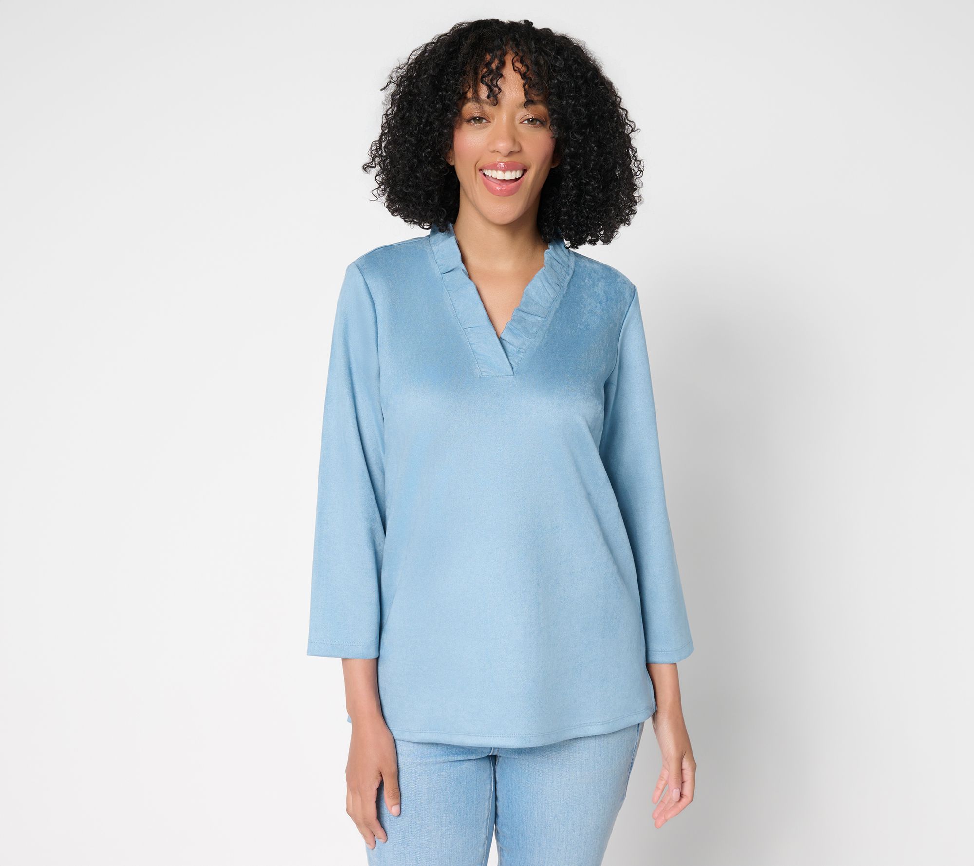 Belle Boho by Kim Gravel PerSuede Me Ruffle Collar V Neck Top