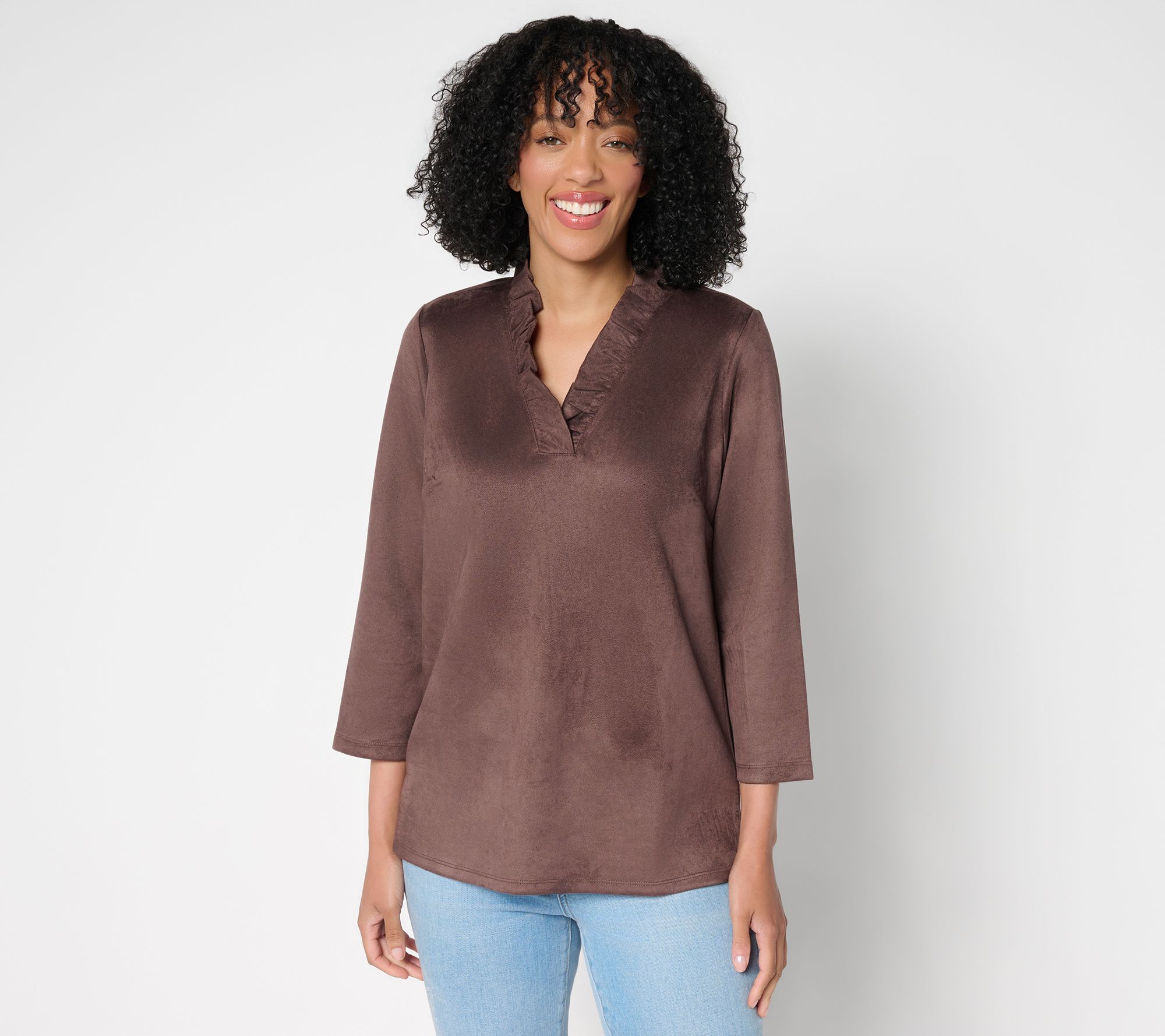 Belle Boho by Kim Gravel PerSuede Me Ruffle Collar V Neck Top