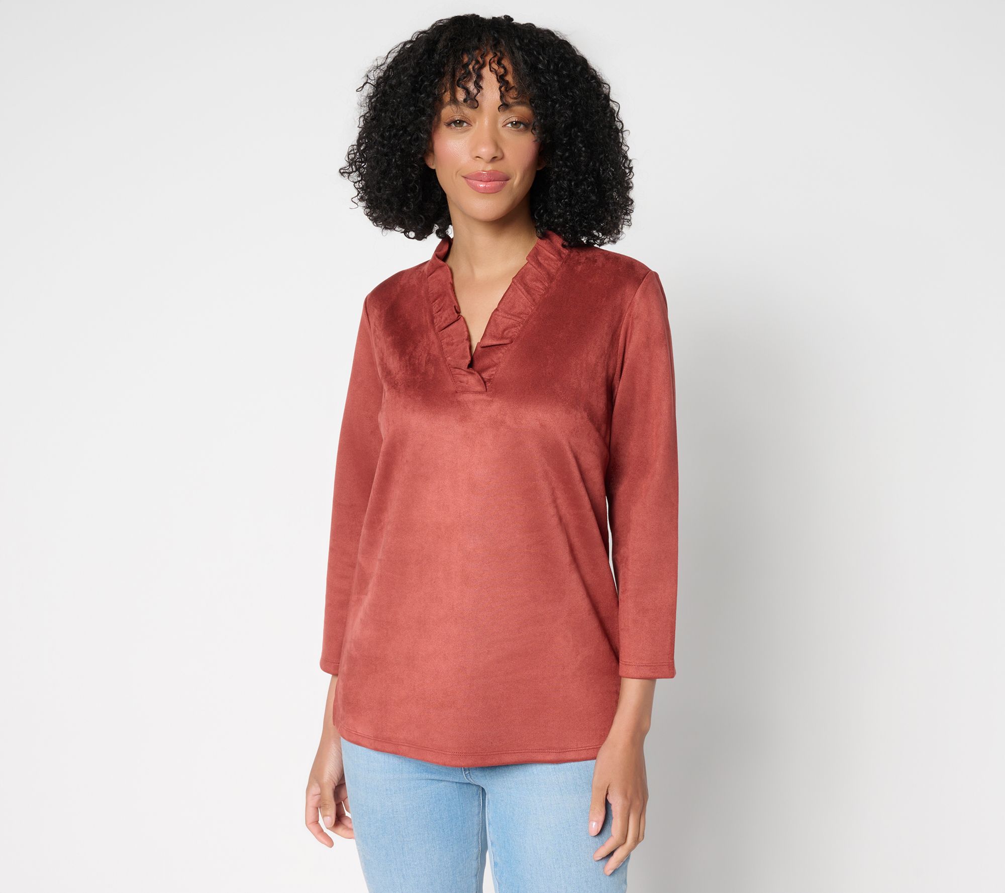 Belle Boho by Kim Gravel PerSuede Me Ruffle Collar V Neck Top