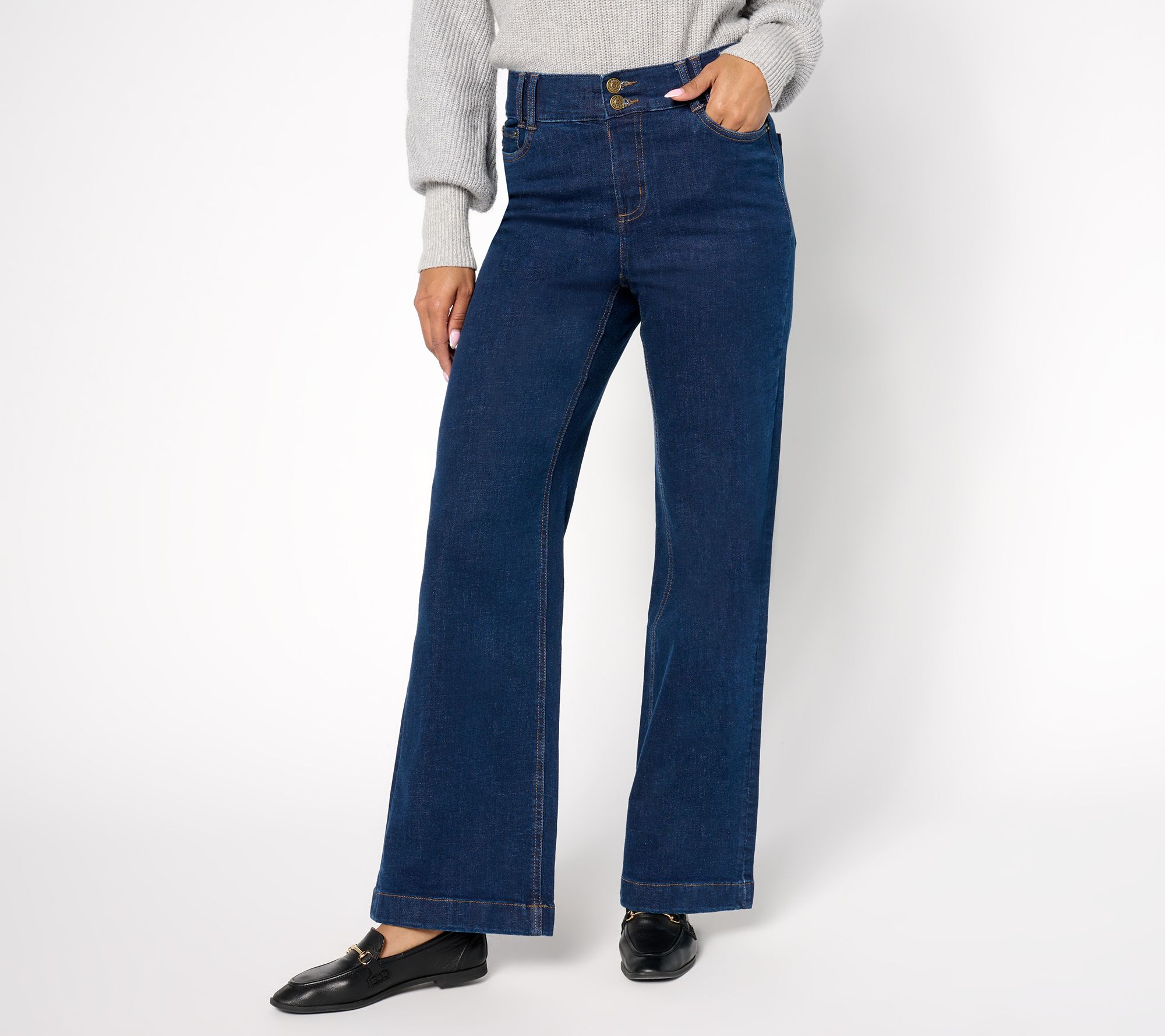"As Is" Denim & Co. Regular Indigo Easy Stretch Double Button Jeans