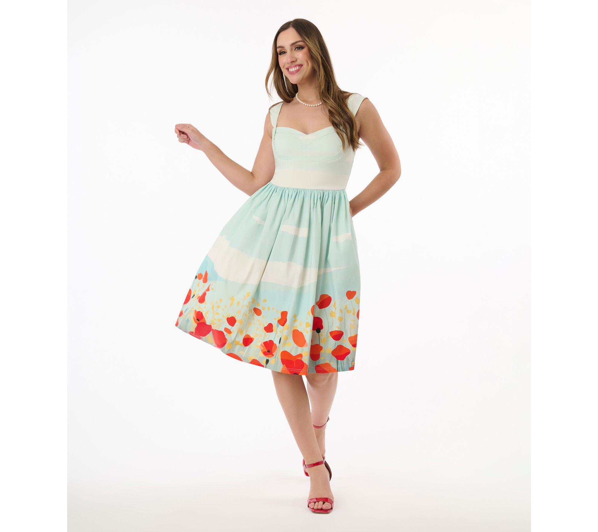 Unique Vintage Blue Sky & Poppy Field Sleeveless Swing Dress