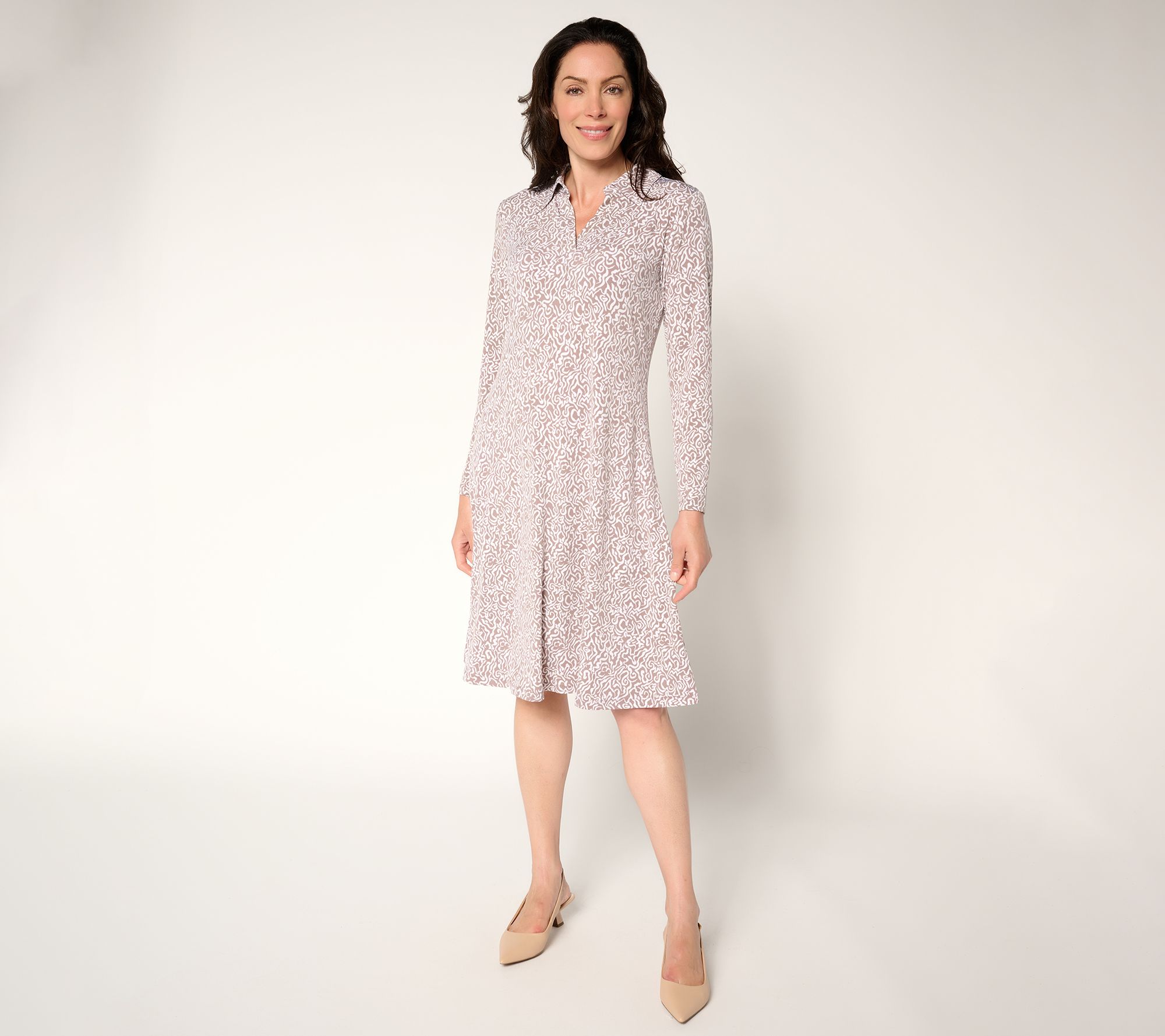 Susan Graver Regular Printed Liquid Knit Collared Midi Dress