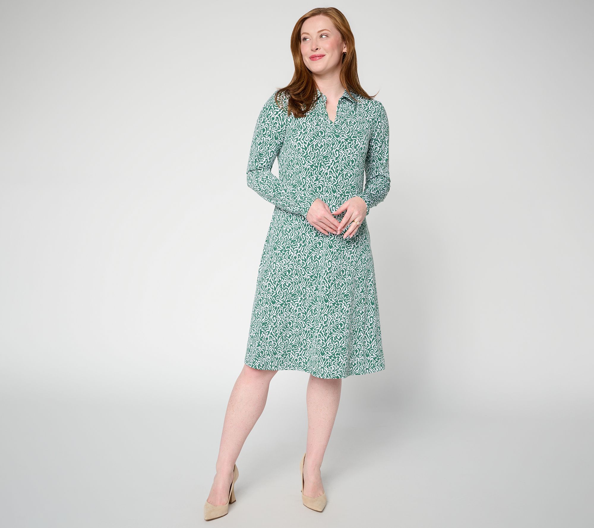 Susan Graver Regular Printed Liquid Knit Collared Midi Dress