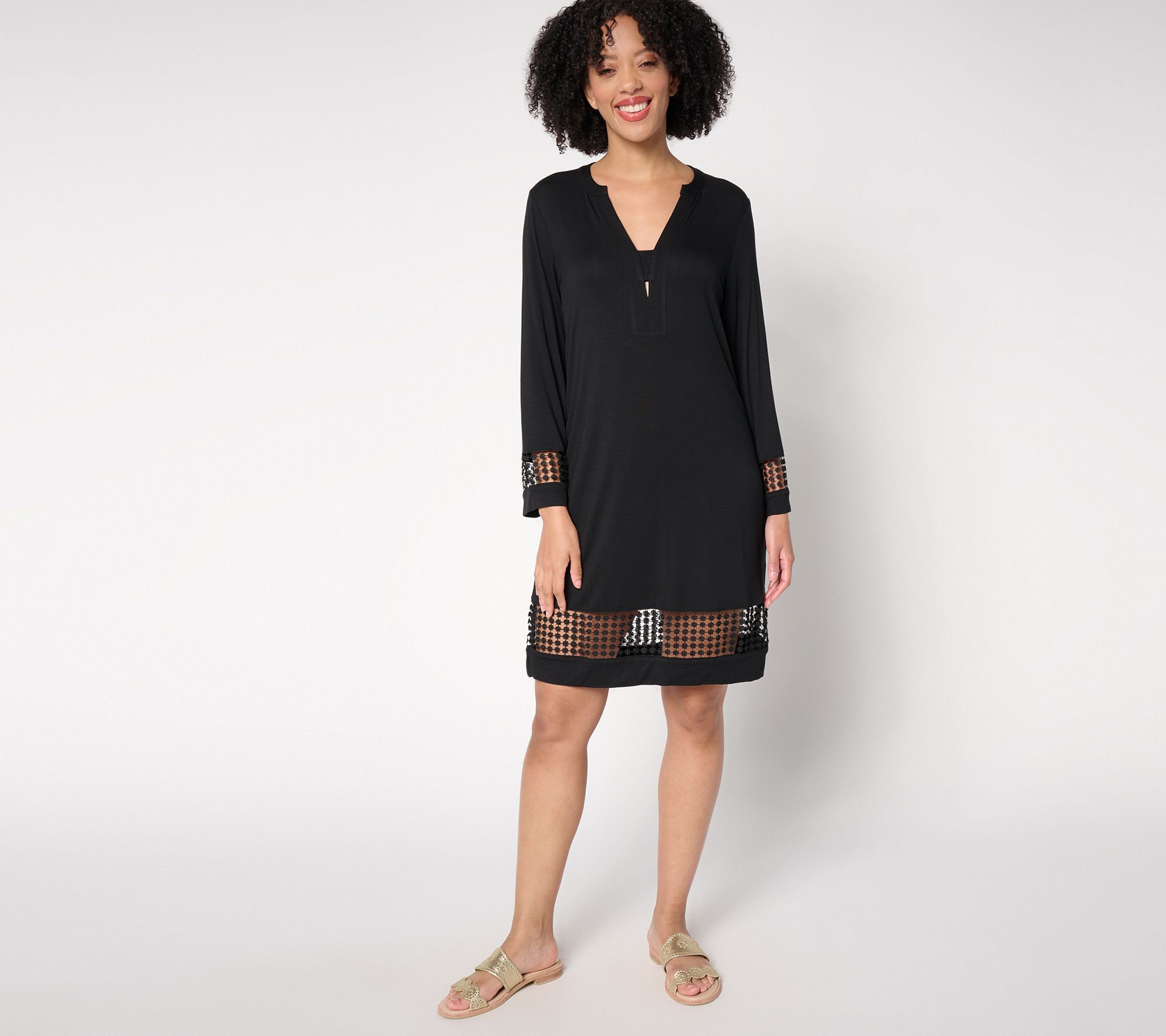 "As Is" Susan Graver Soleil Petite Printed Dress with Lace Trim