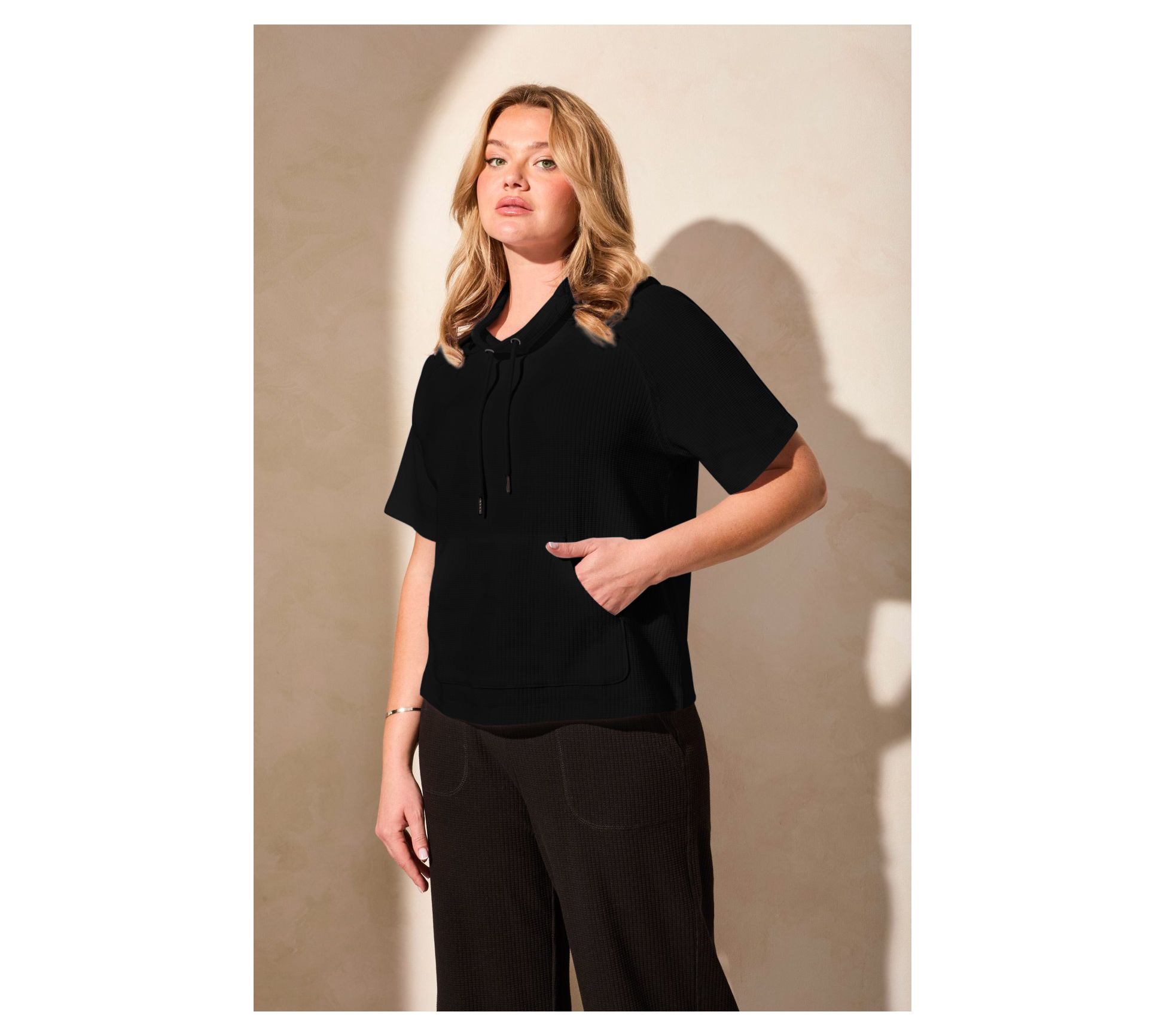 Tribal Short Sleeve Funnel-Neck Top With Drawcord