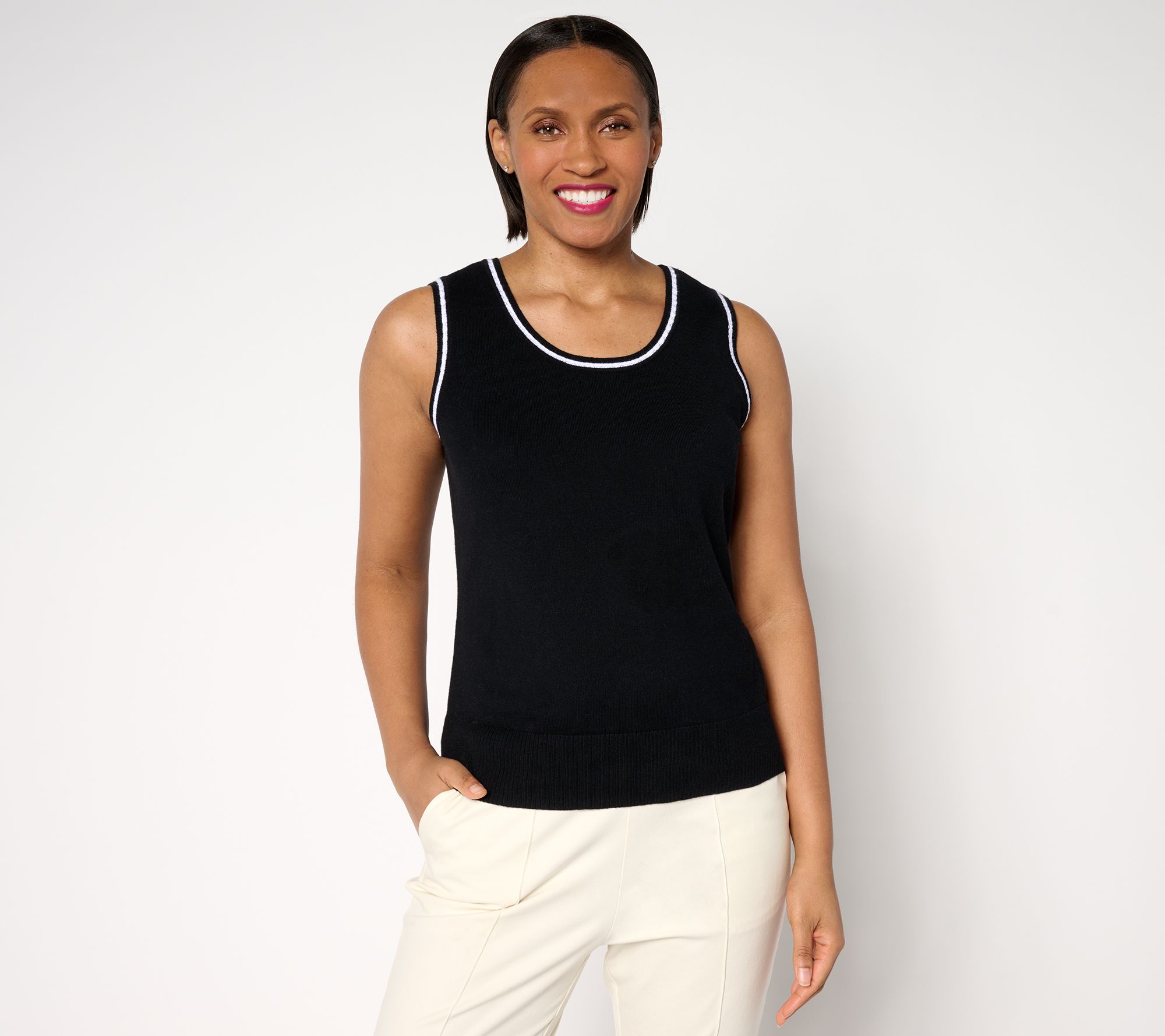"As Is" Isaac Mizrahi Live! Pointelle Stitch Trim Sleeveless Swtr
