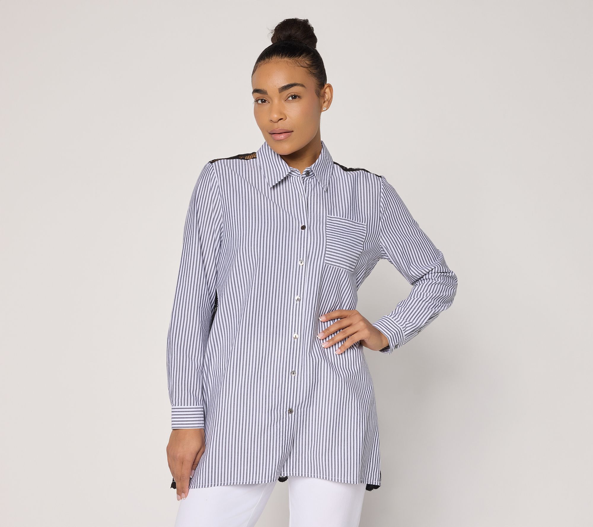 Susan Graver Petite Tencel Cotton Stripe Tunic w/ Lace Back