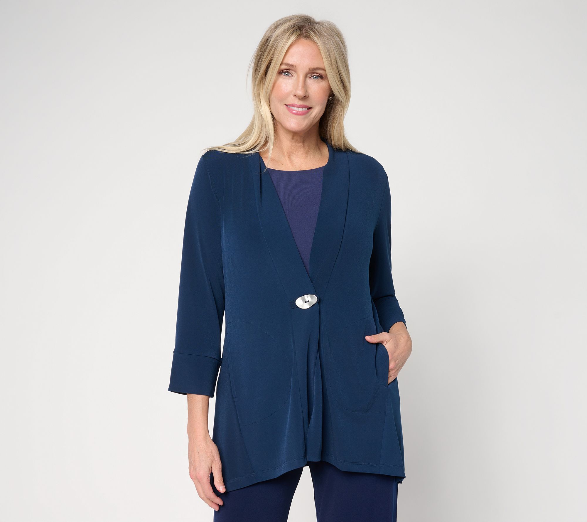 Susan Graver Petite Liquid Knit Cardigan w/ Novelty Button