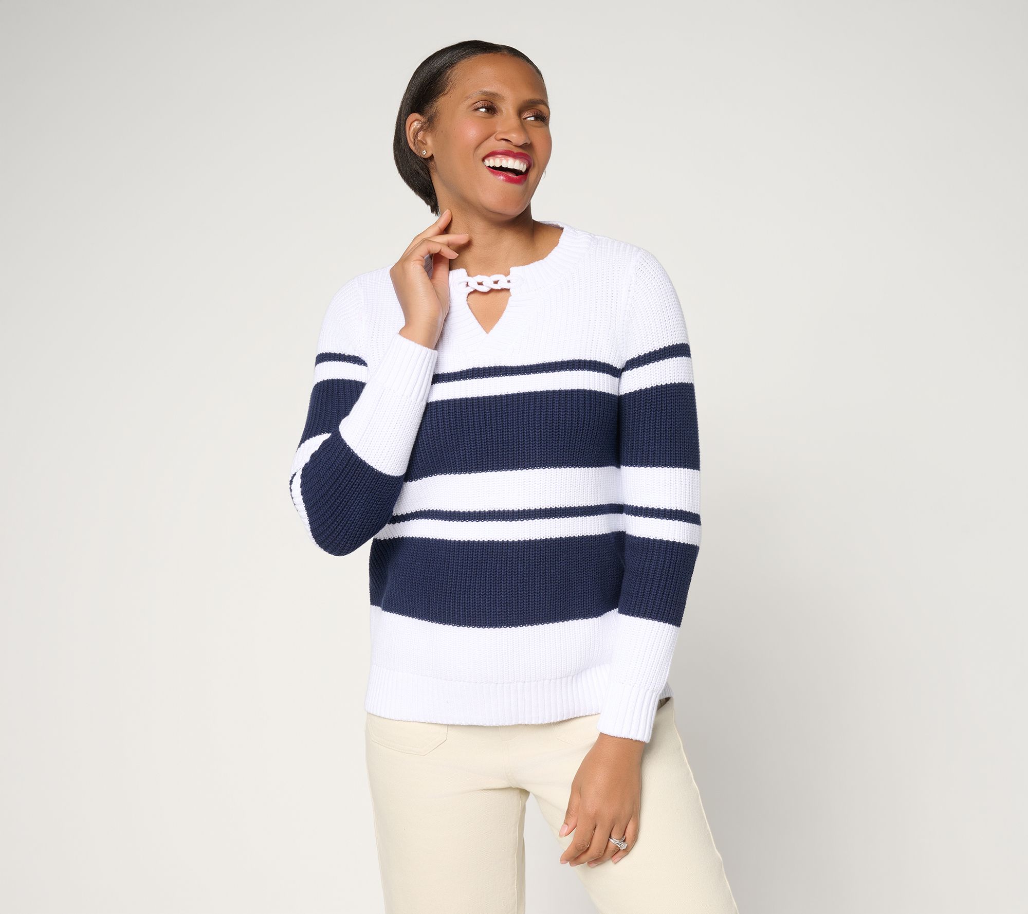 Joan Rivers Split-Neck with Cable Chain Striped Sweater