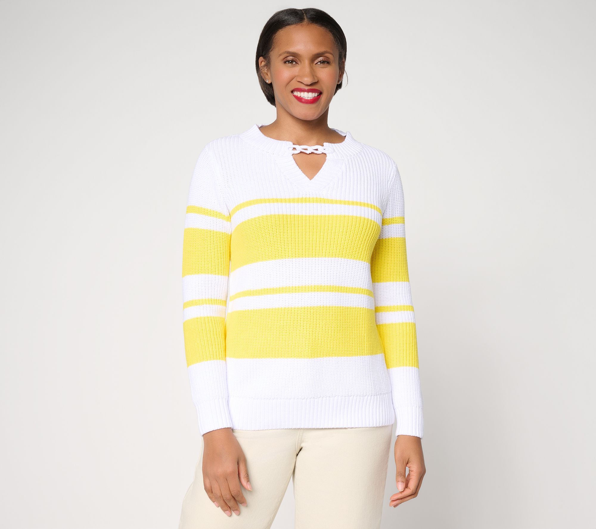 Joan Rivers Split-Neck with Cable Chain Striped Sweater