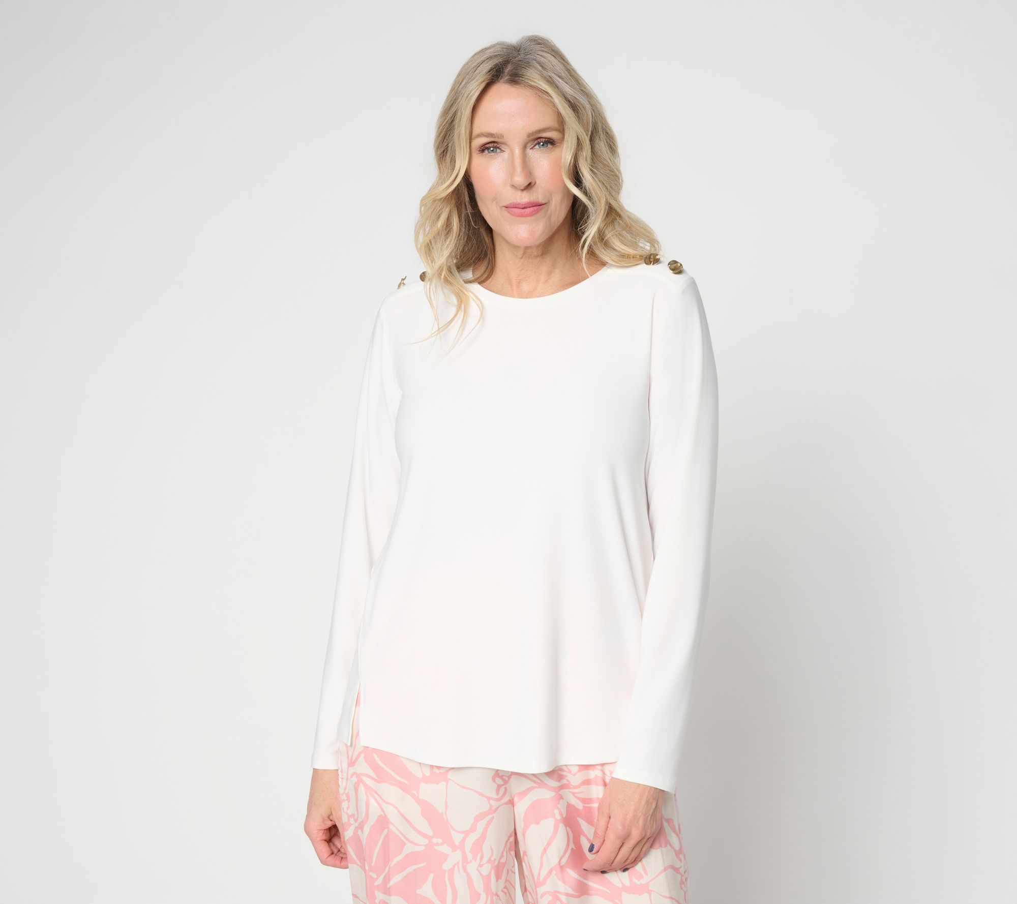 Dennis Basso Italia Knit Bateau Neck Top with Gold Buttons