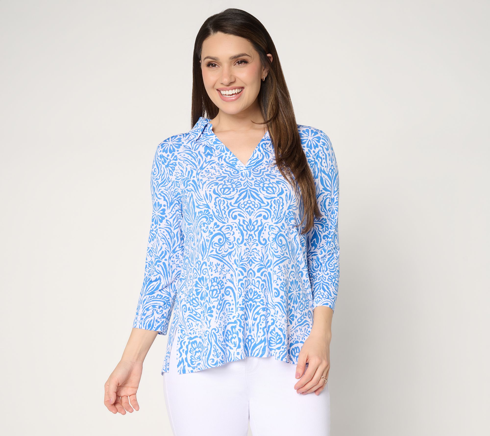 Susan Graver Printed Liquid Knit Collared Split-Neck High-Low Top