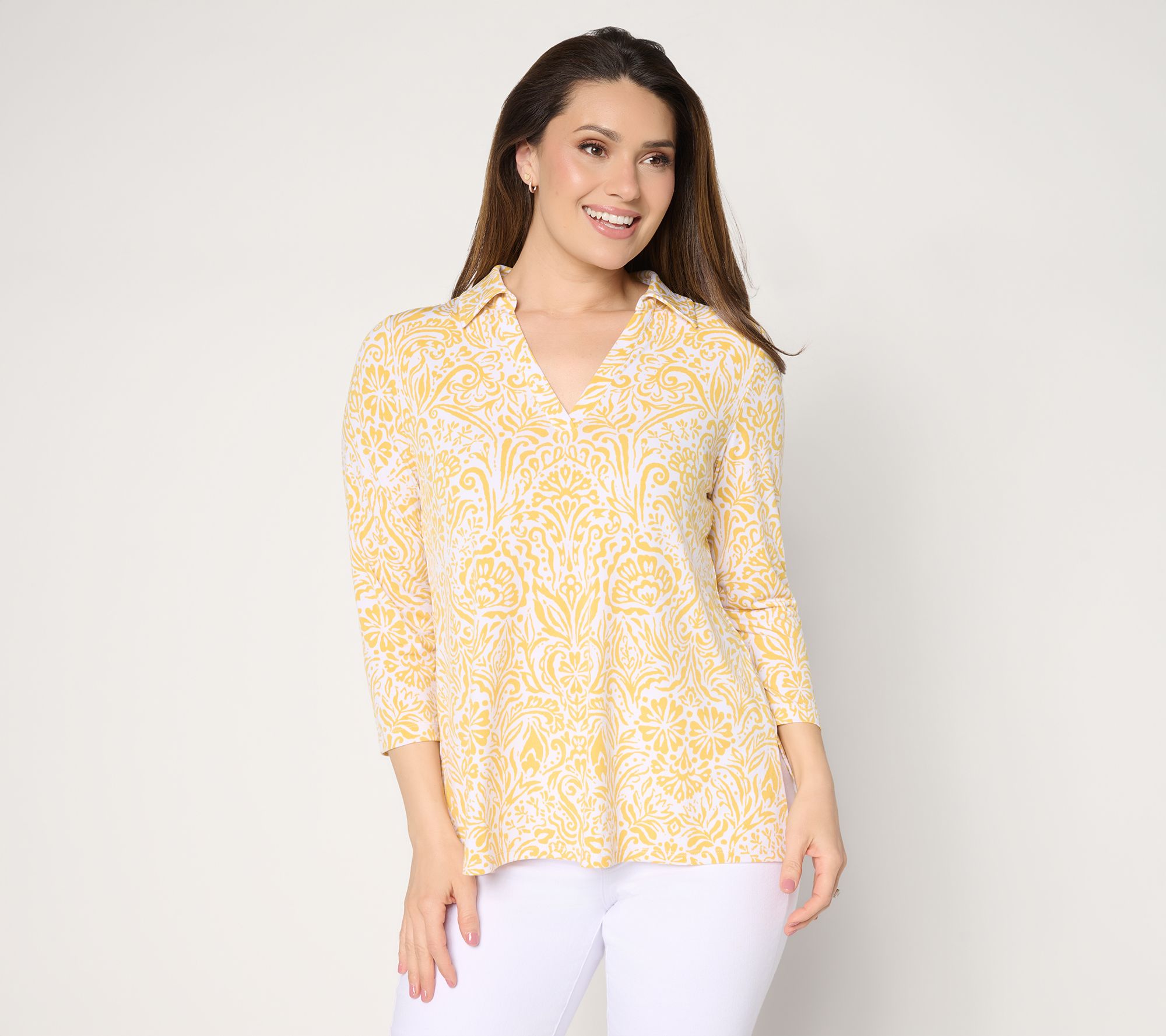 Susan Graver Printed Liquid Knit Collared Split-Neck High-Low Top