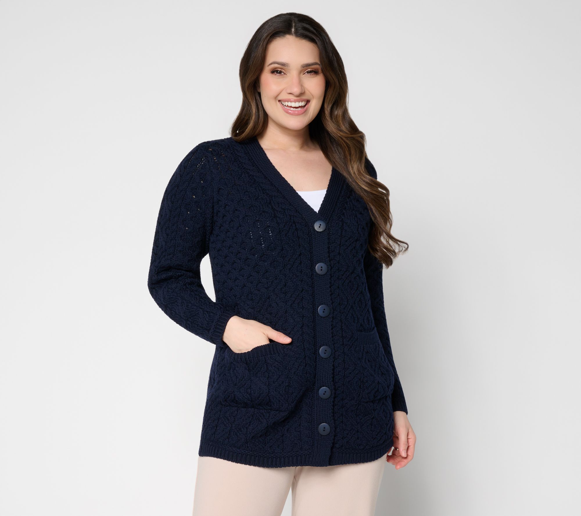 Aran Crafts Merino Wool V-Neck Button Front Cardigan