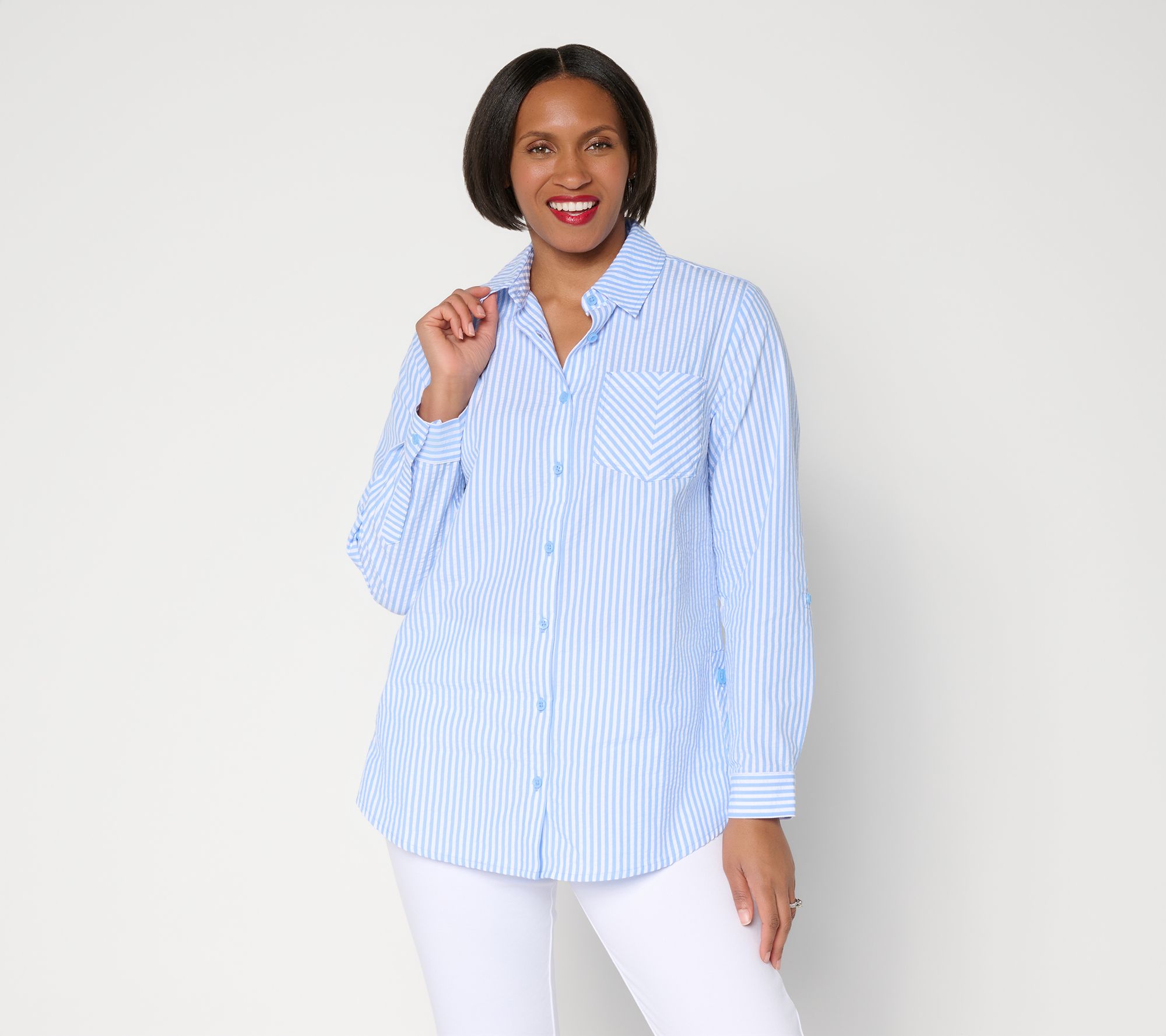 Joan Rivers Petite Seersucker Boyfriend Shirt w/ Button Side