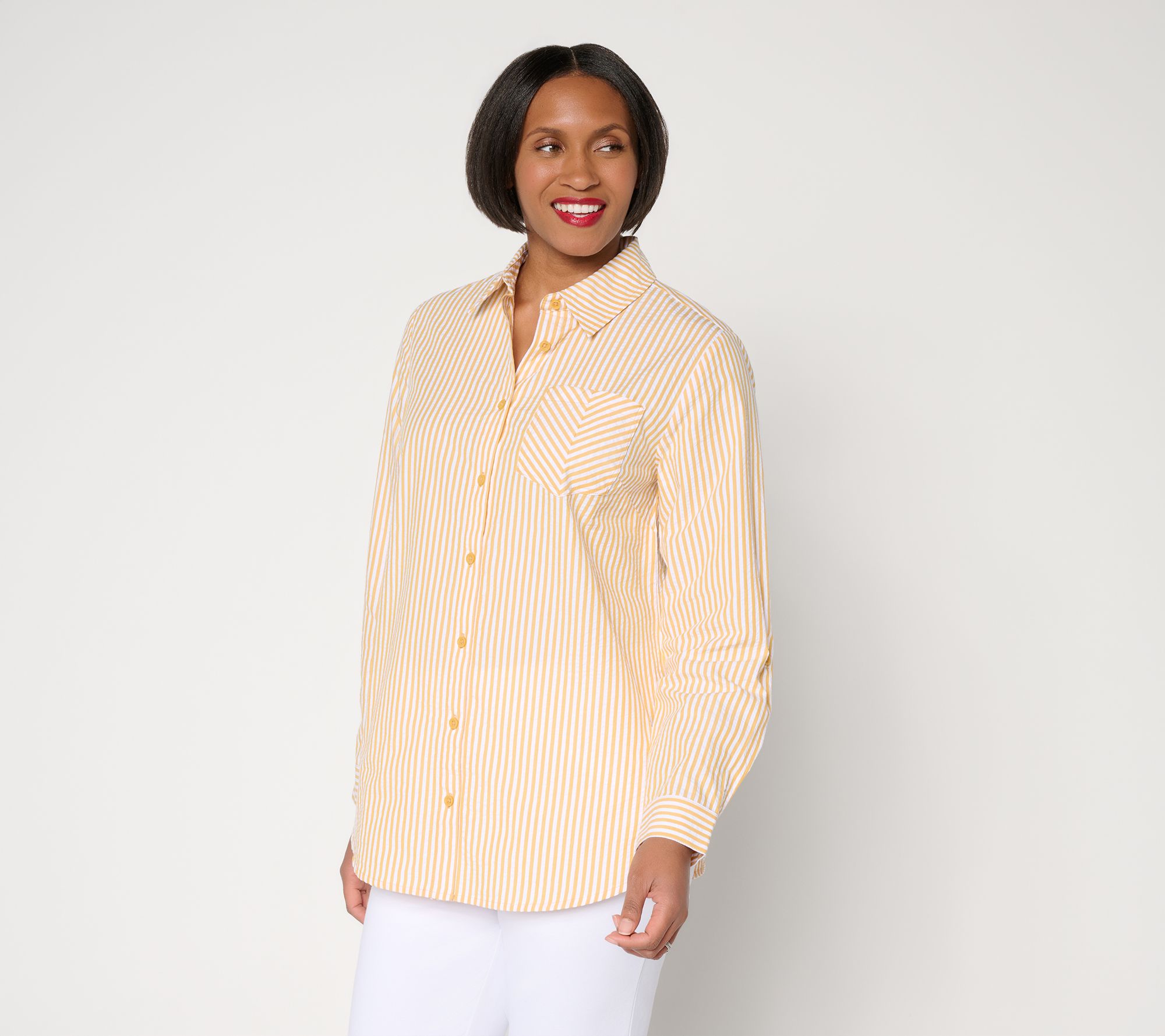 Joan Rivers Petite Seersucker Boyfriend Shirt w/ Button Side