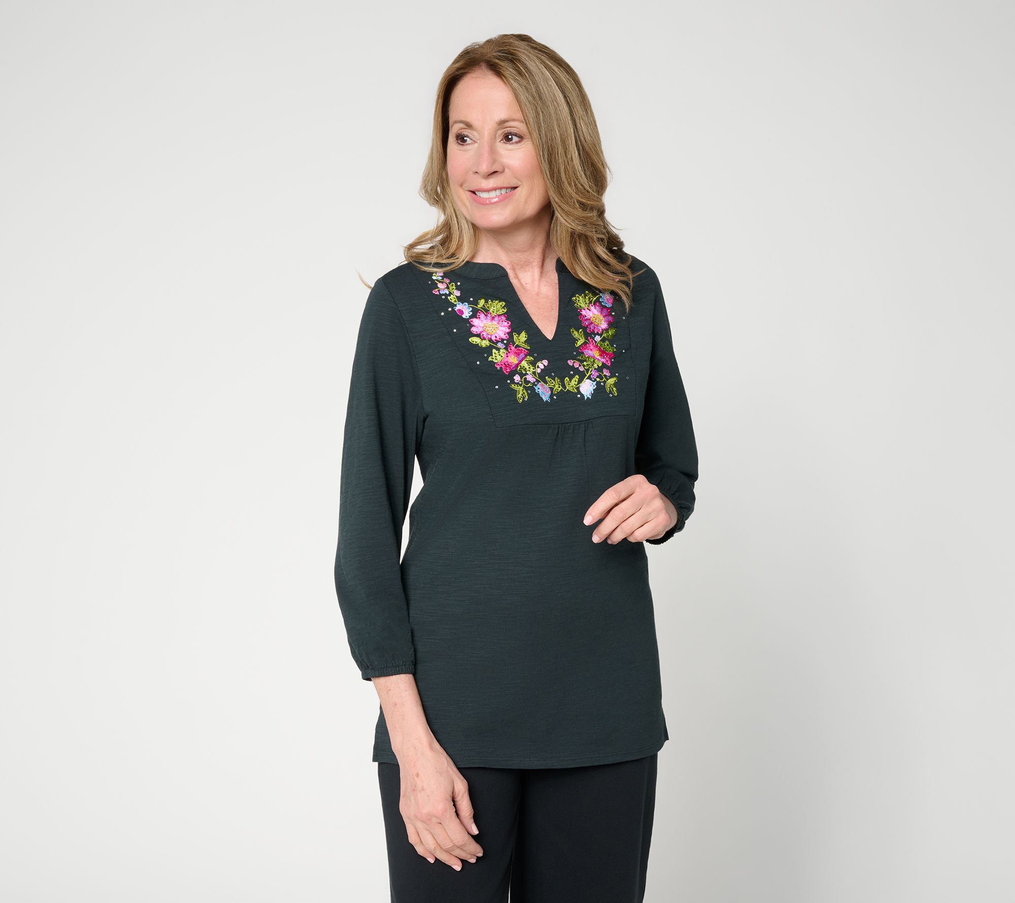Quacker Factory Petal Perfection Embroidered Puff Sleeve Top