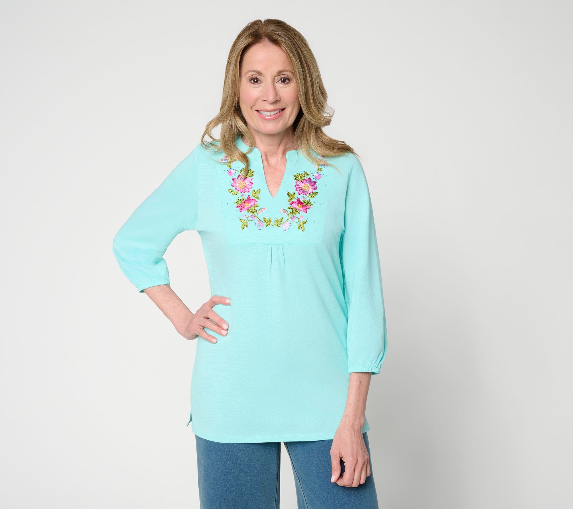Quacker Factory Petal Perfection Embroidered Puff Sleeve Top