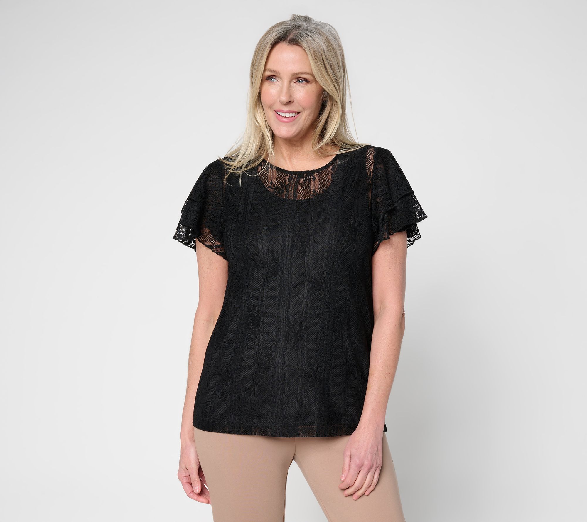 Susan Graver Lace Flutter Sleeve Scoop Neck Top with Camisole