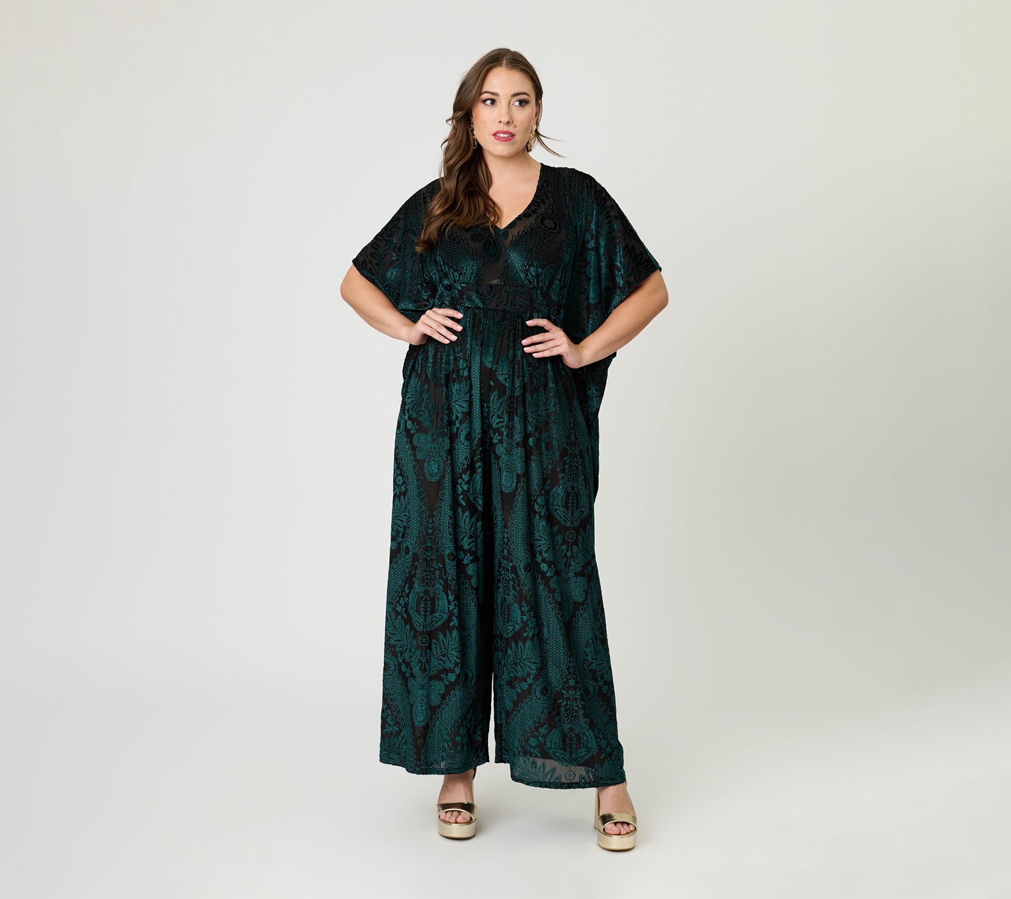  Unique Vintage Green Velvet Floral Burnout Caftan Jumpsuit