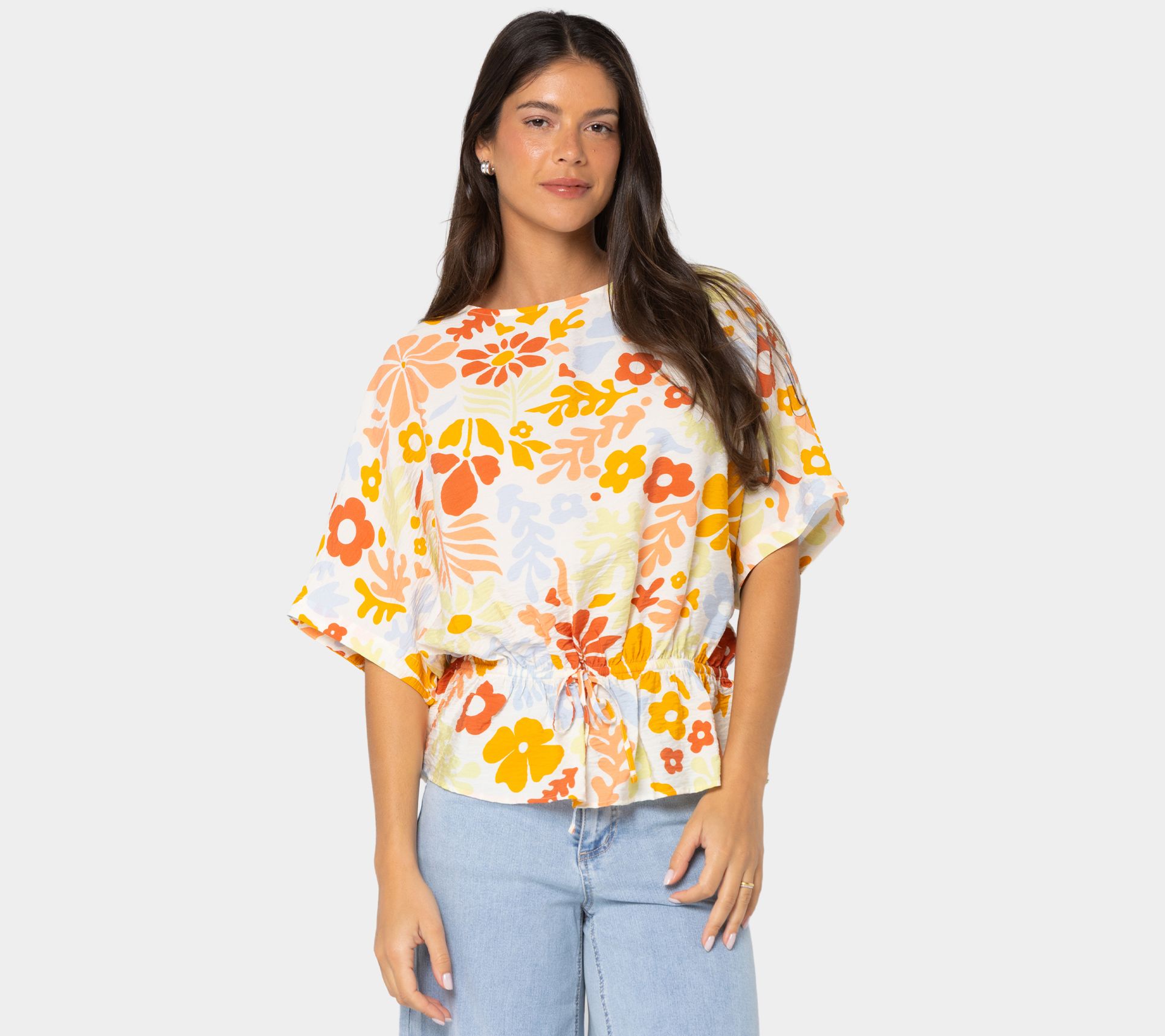  Peace Love World Boheme Printed Boat Neck Top w/Cinched Waist
