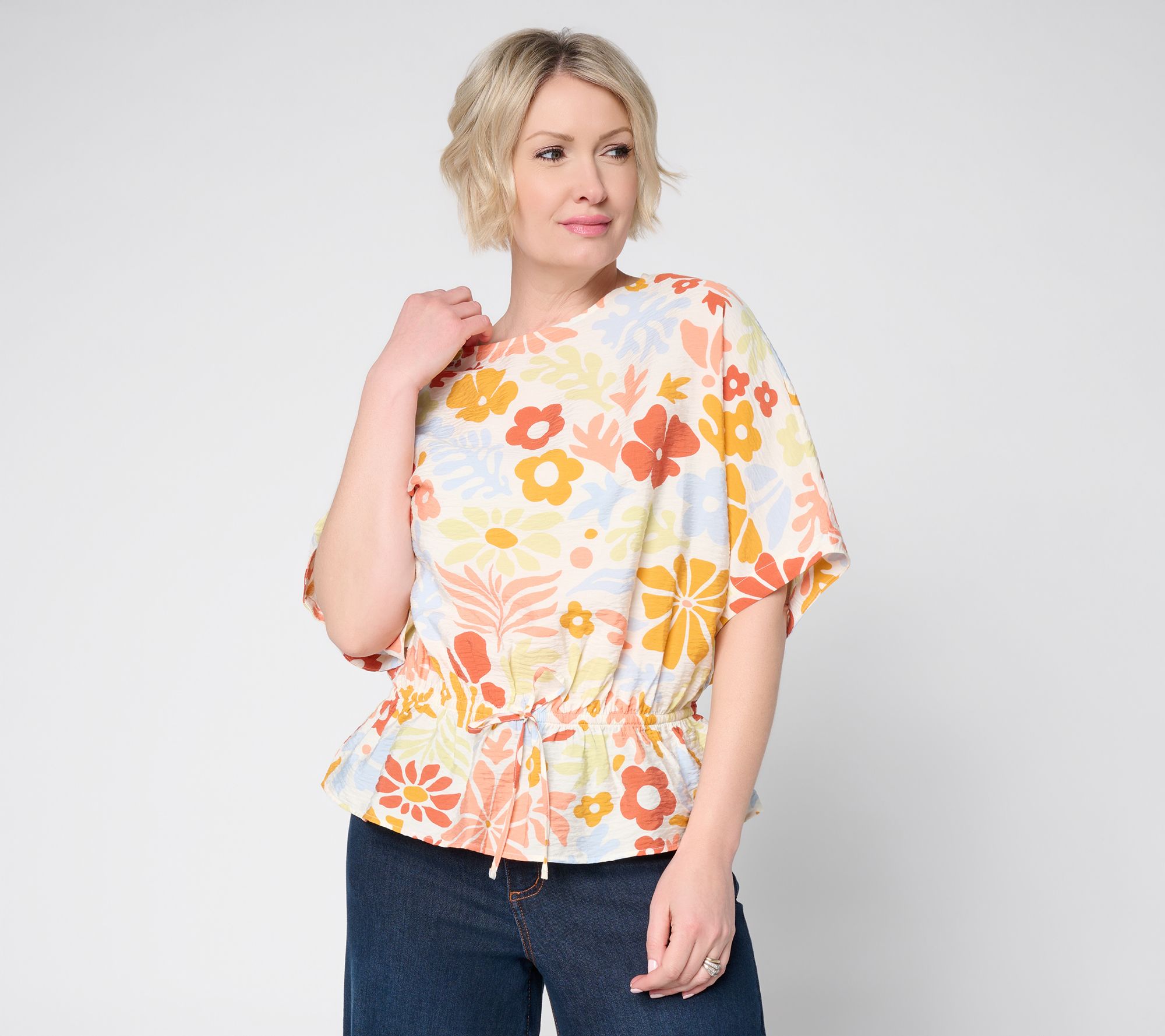 Peace Love World Boheme Printed Boat Neck Top w/Cinched Waist