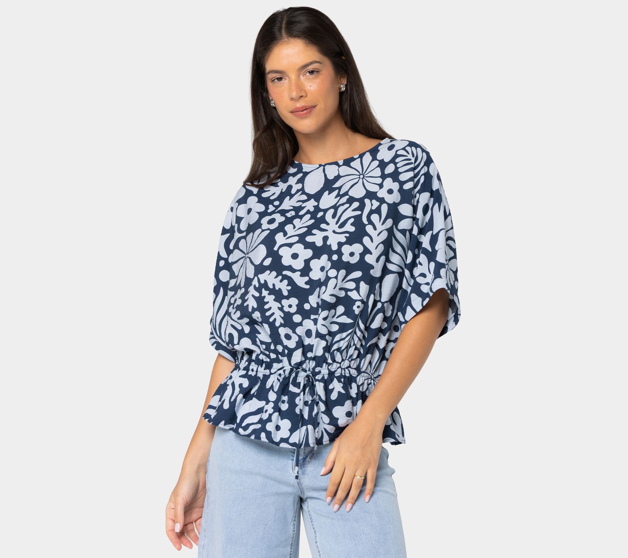 Peace Love World Boheme Printed Boat Neck Top w/Cinched Waist