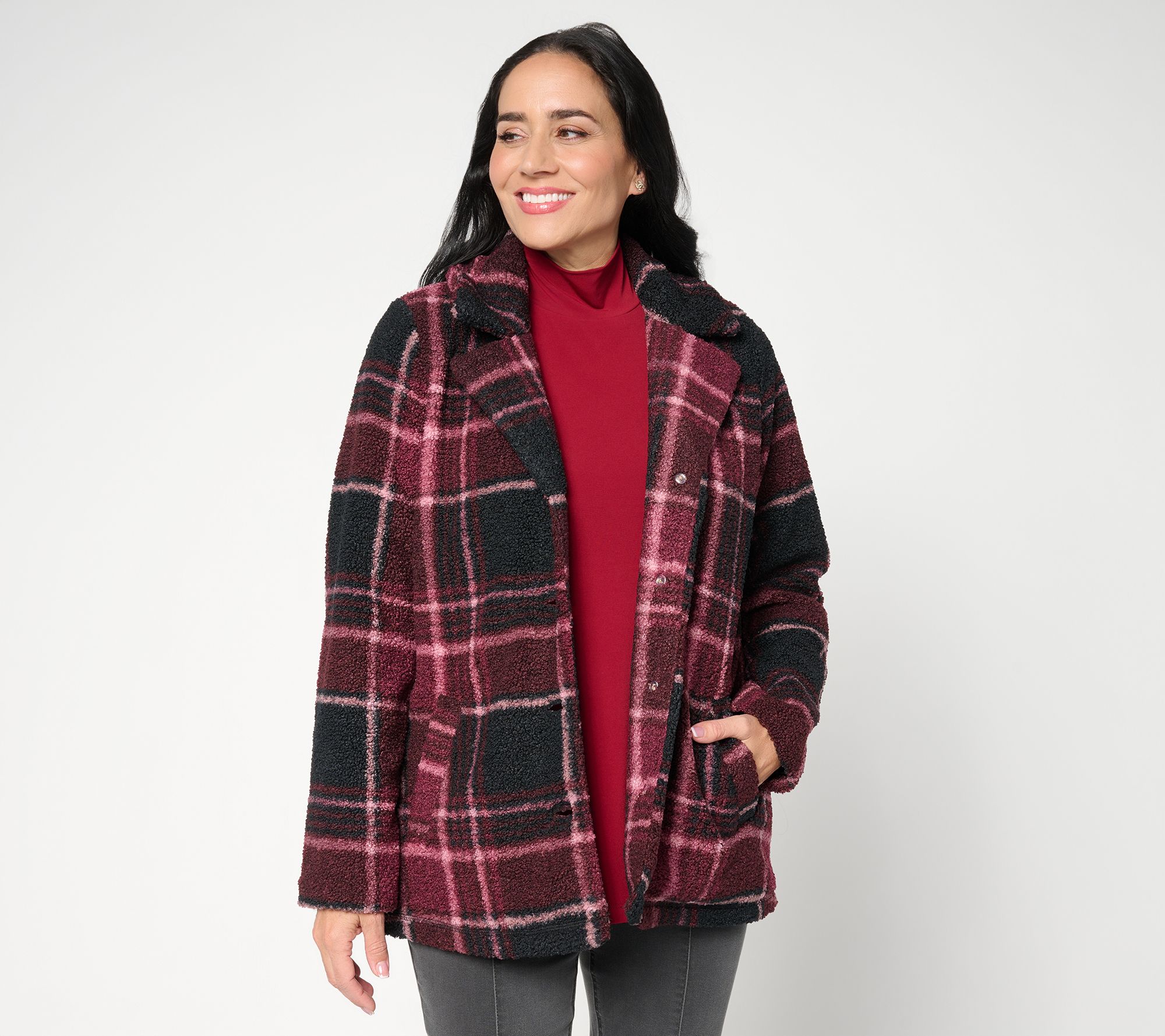 "As Is" Joan Rivers Regular Button Plaid Sherpa Jacket