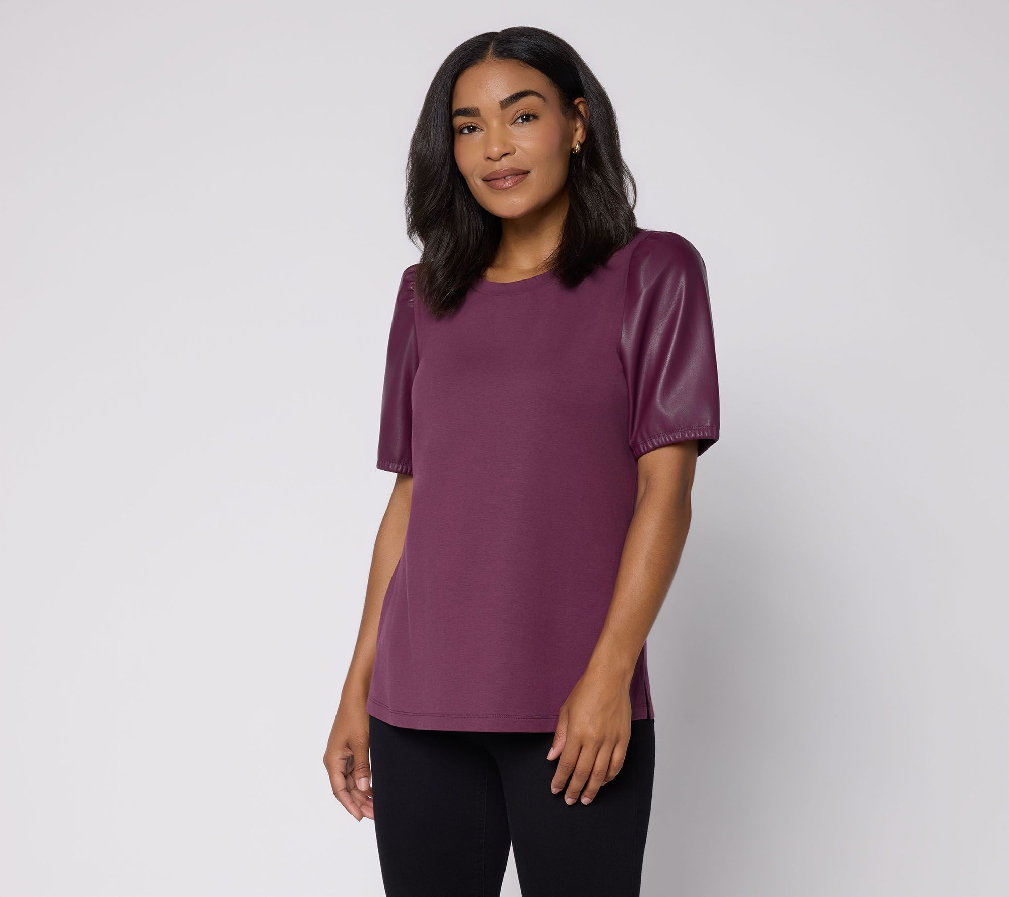  Belle by Kim Gravel TripleLuxe Faux Leather Puff Sleeve Top