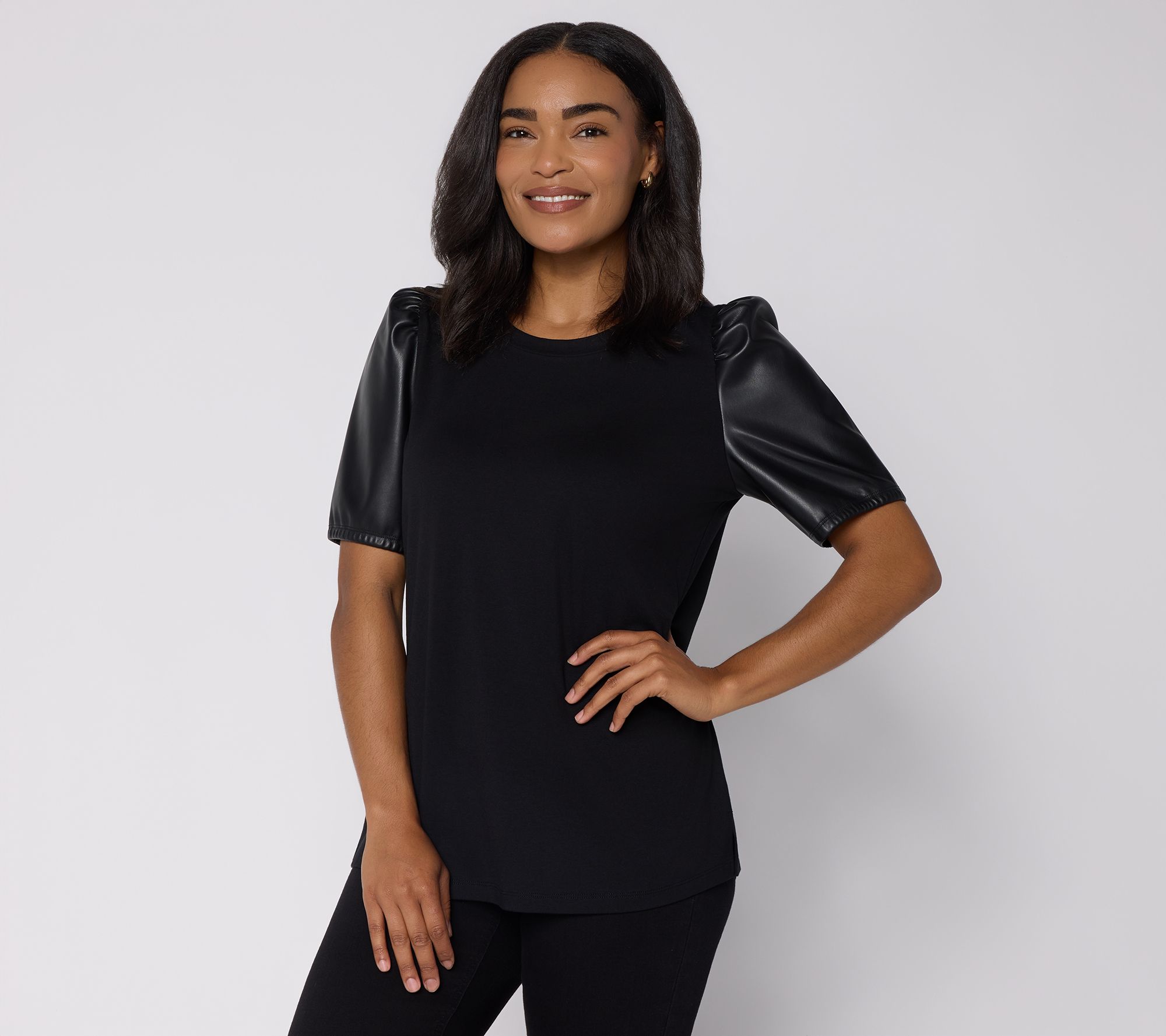 Belle by Kim Gravel TripleLuxe Faux Leather Puff Sleeve Top