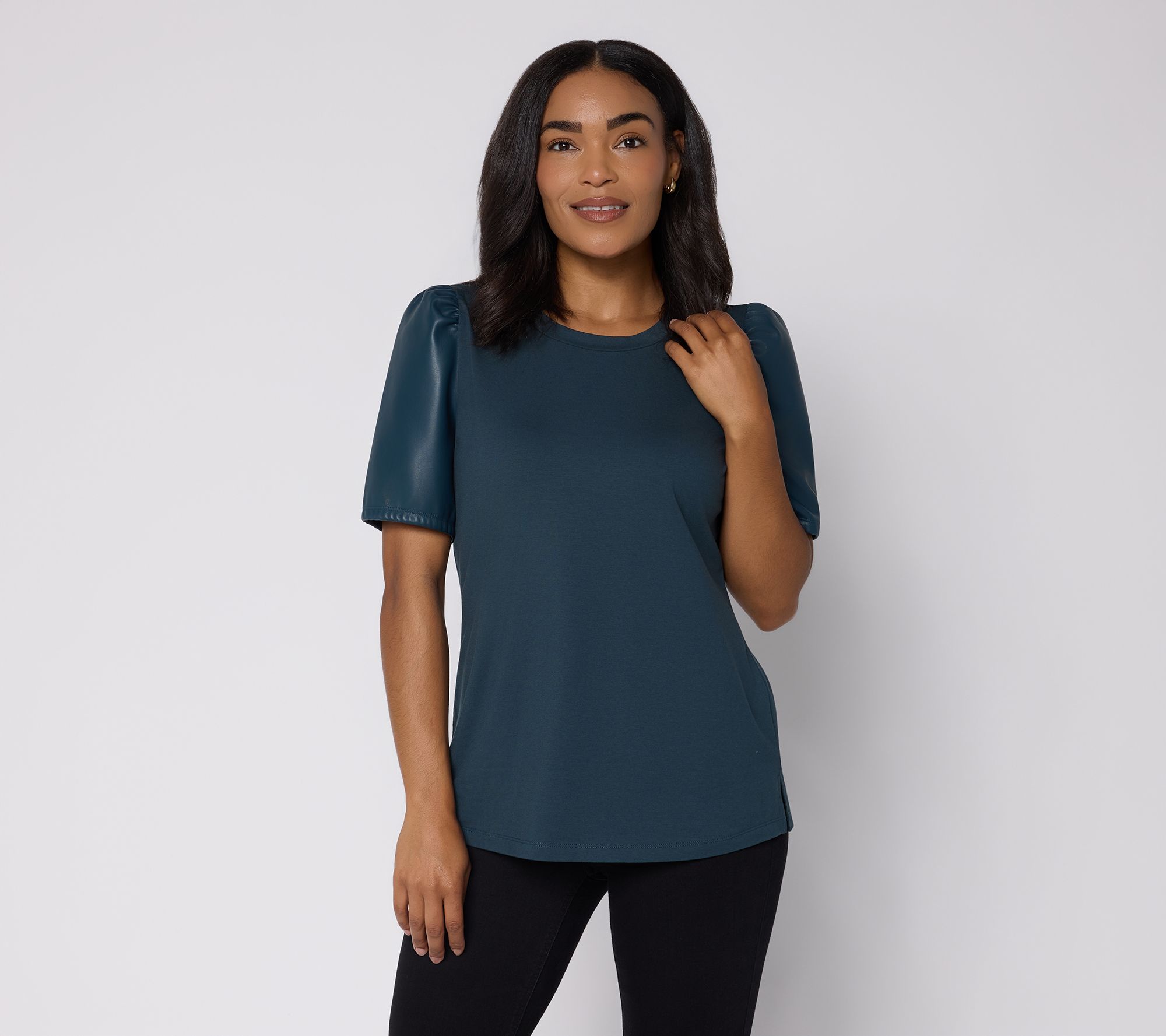Belle by Kim Gravel TripleLuxe Faux Leather Puff Sleeve Top