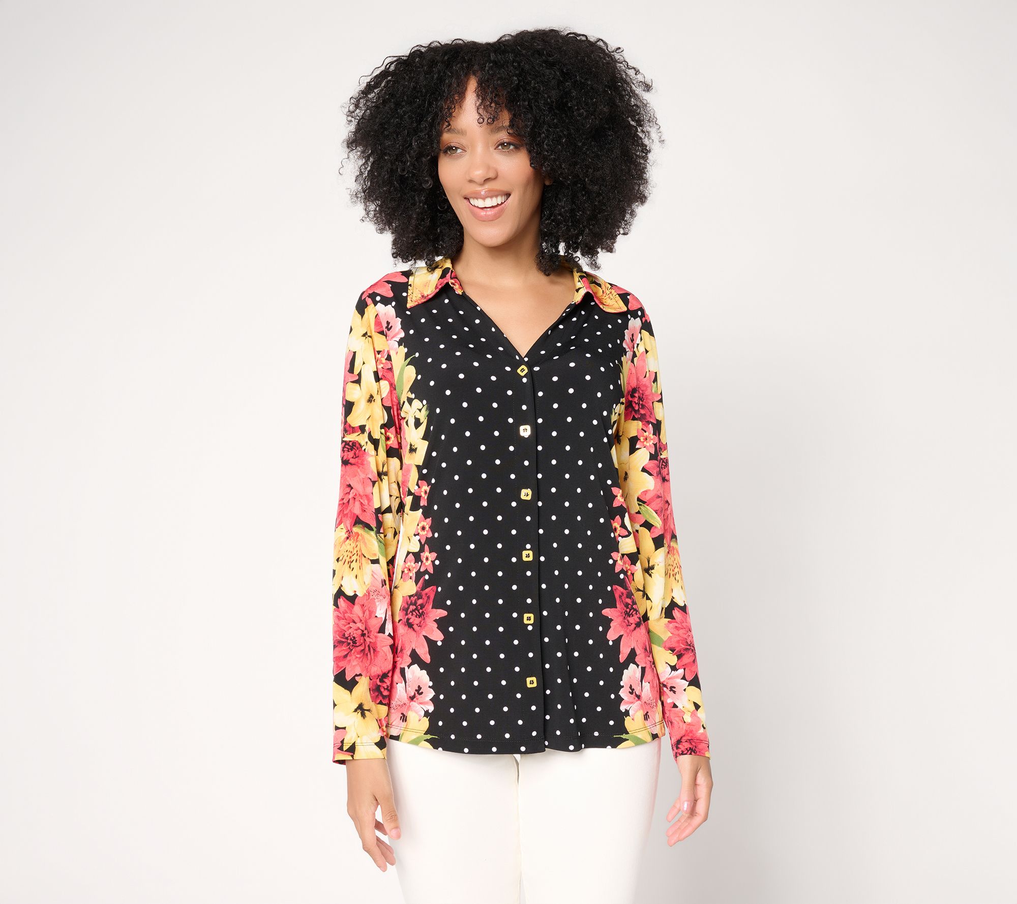 "As Is" Susan Graver Printed Liquid Knit Button Front Top