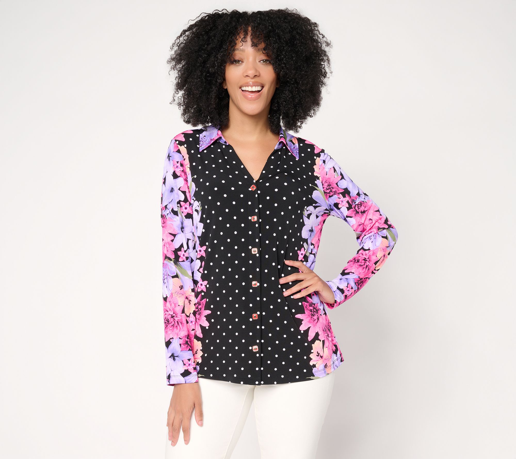 "As Is" Susan Graver Printed Liquid Knit Button Front Top