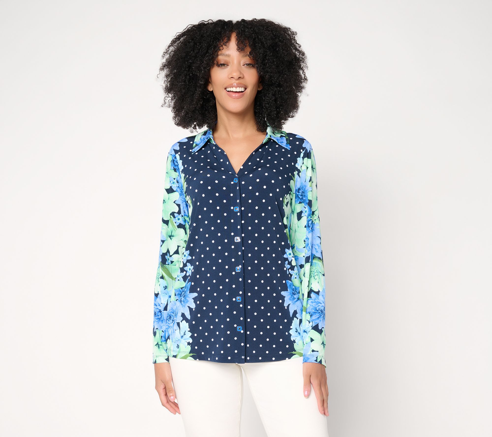 "As Is" Susan Graver Printed Liquid Knit Button Front Top