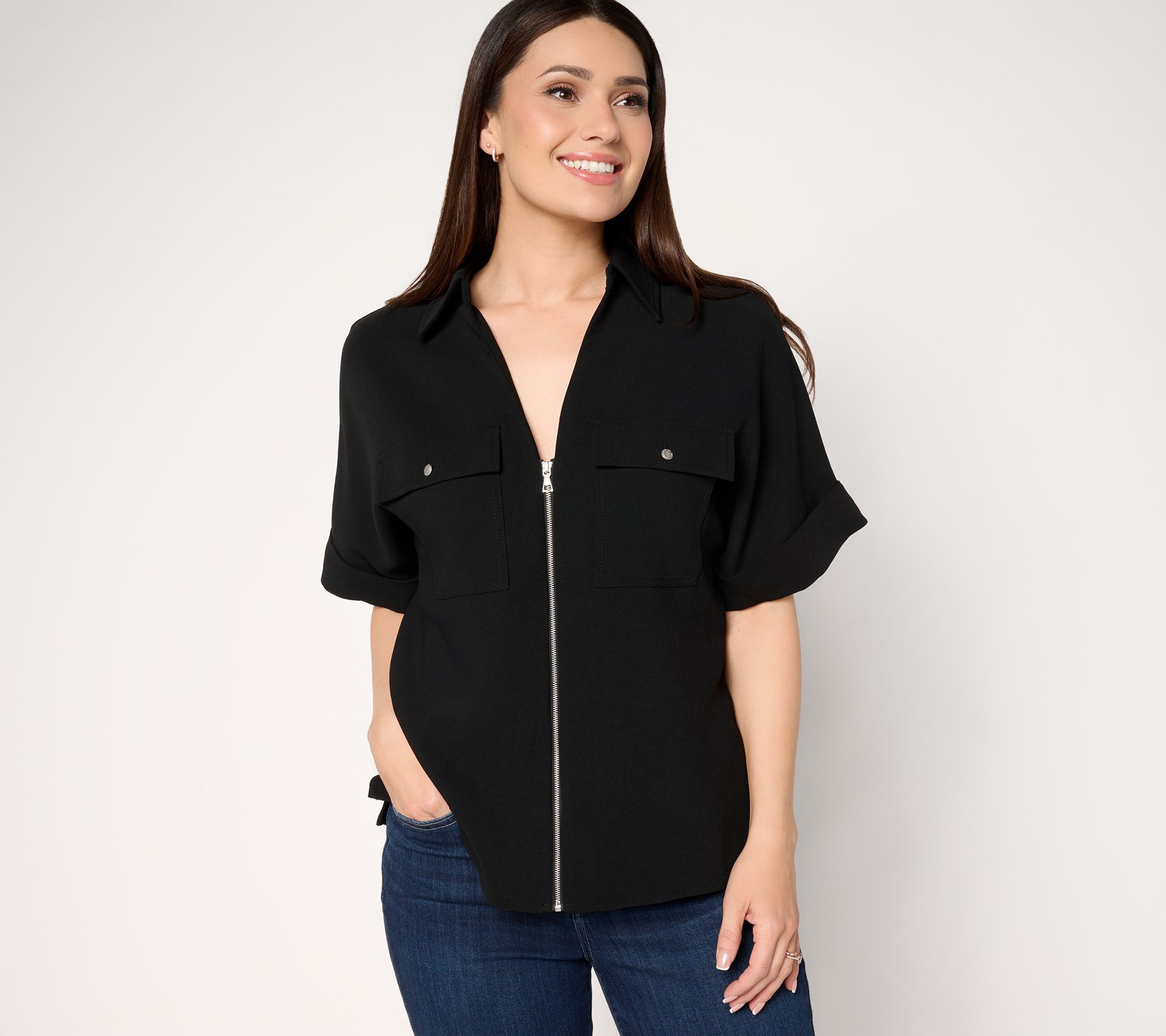 "As Is" Susan Graver Textured Woven Zip Front Utility Jacket